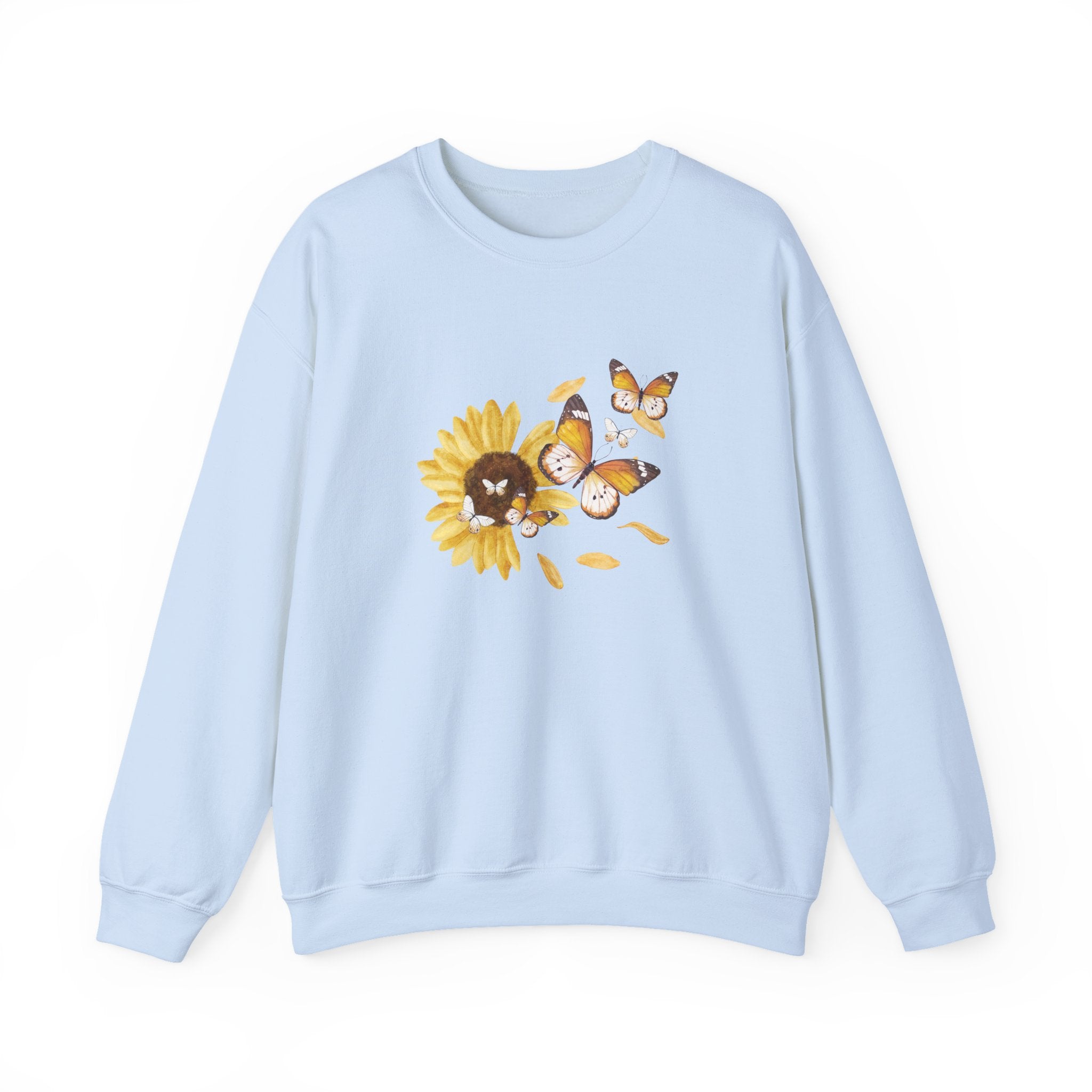 Light blue sweatshirt with a sunflower and butterfly design on a white background