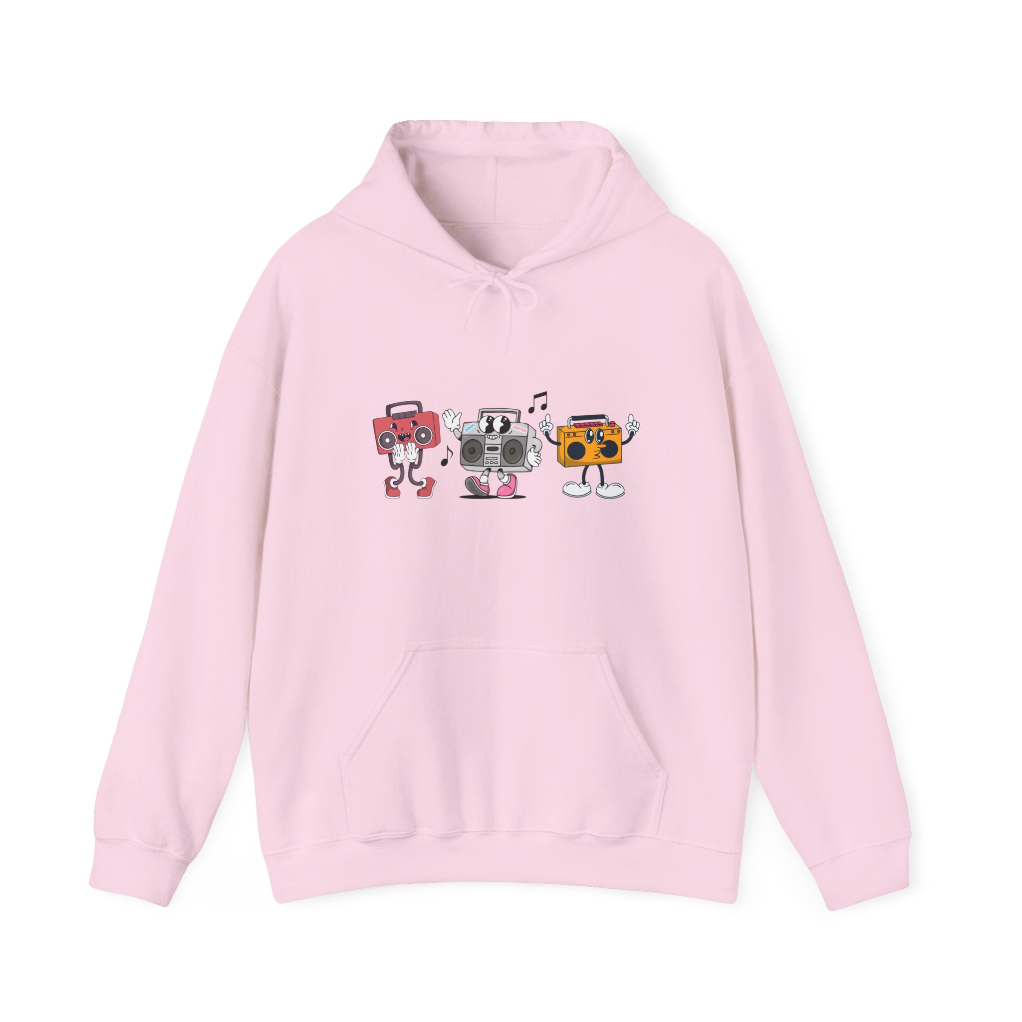 Pink hoodie with cartoon designs on a white background