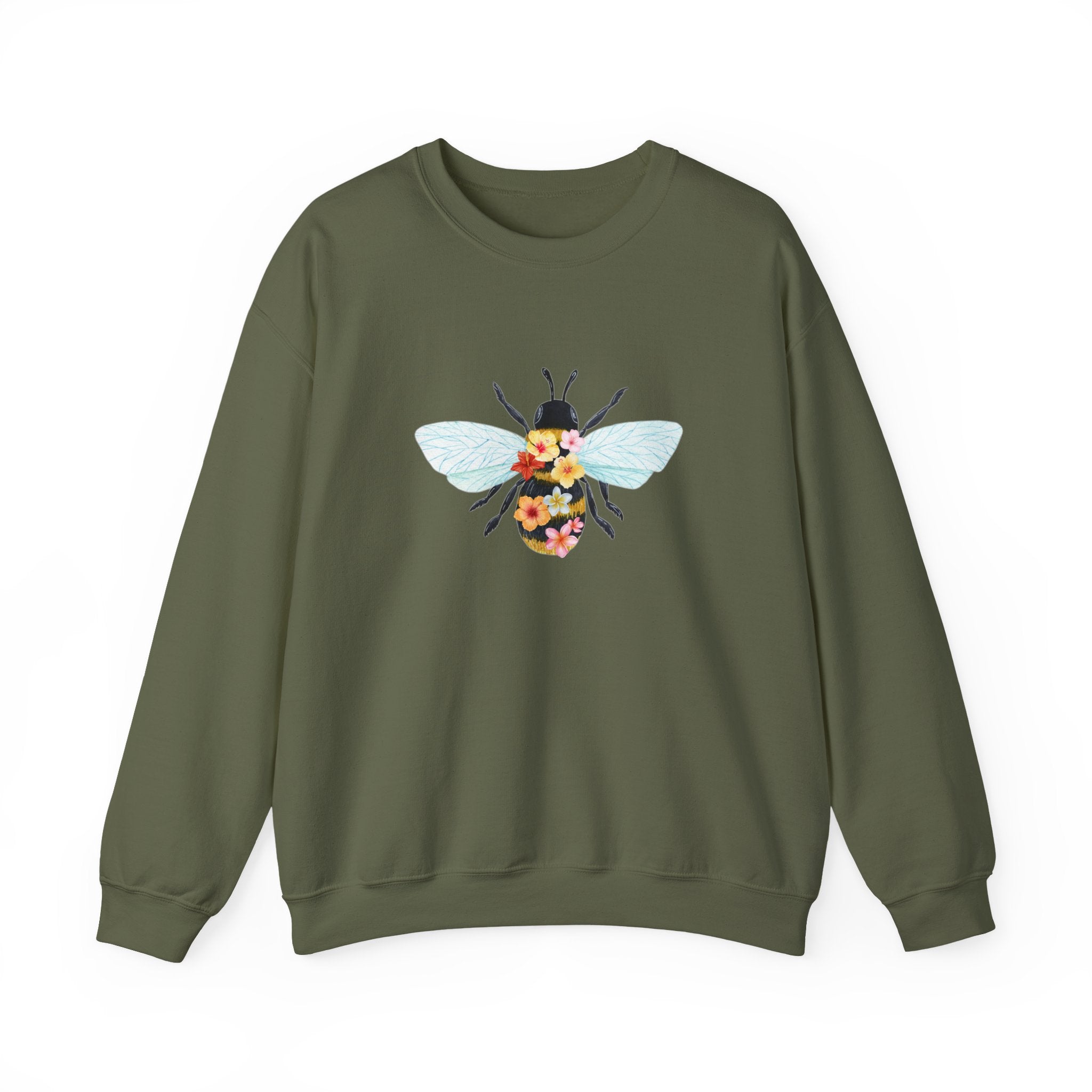 Green sweatshirt with bee and flower pattern on a white background