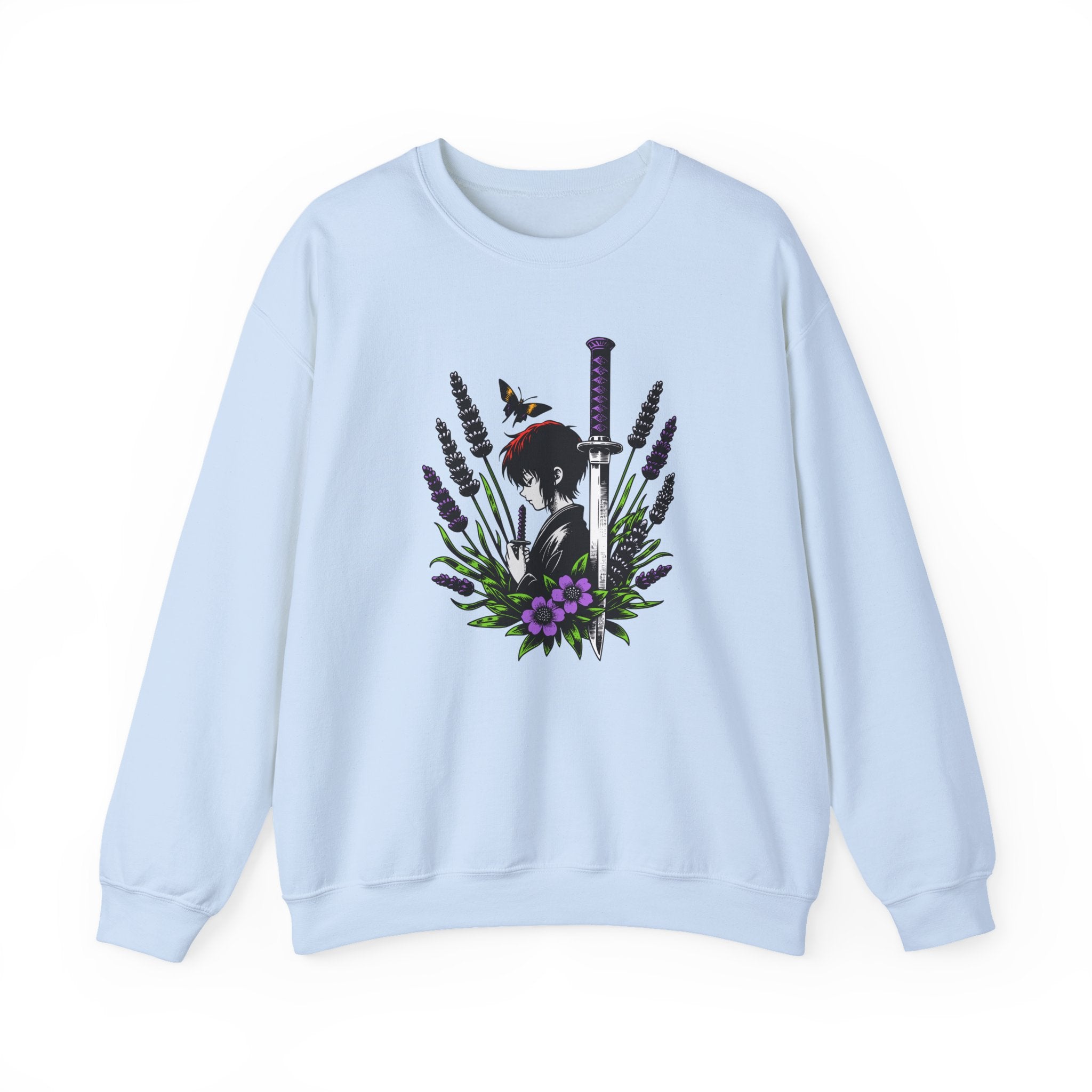 Light blue sweatshirt with a manga, butterfly, and sword design on a white background