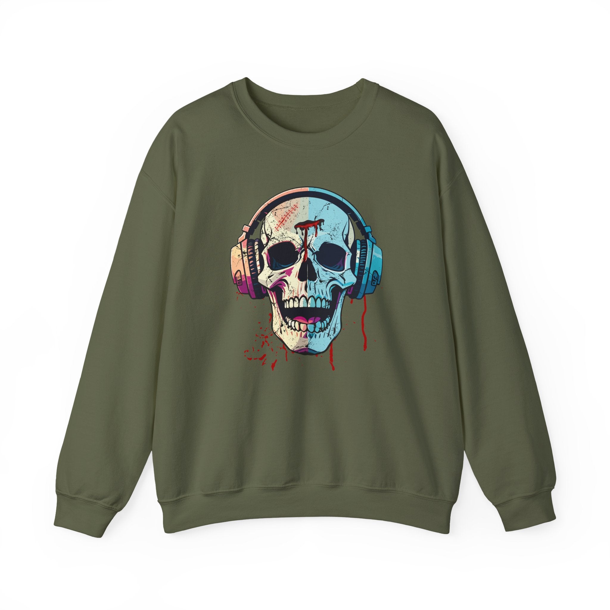 Green sweatshirt with a colorful skull and headphones design on a white background