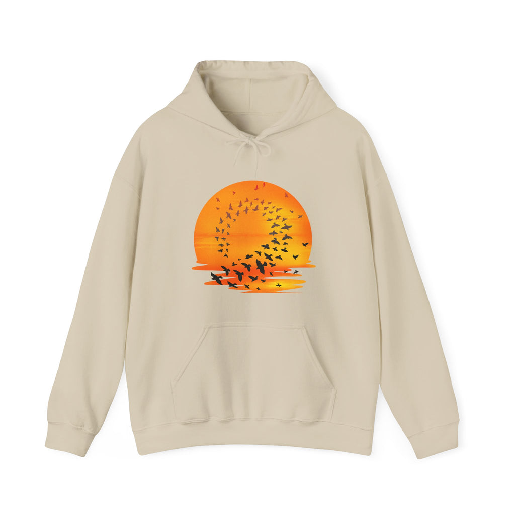 Beige hoodie with a sunset and bird design on a white background
