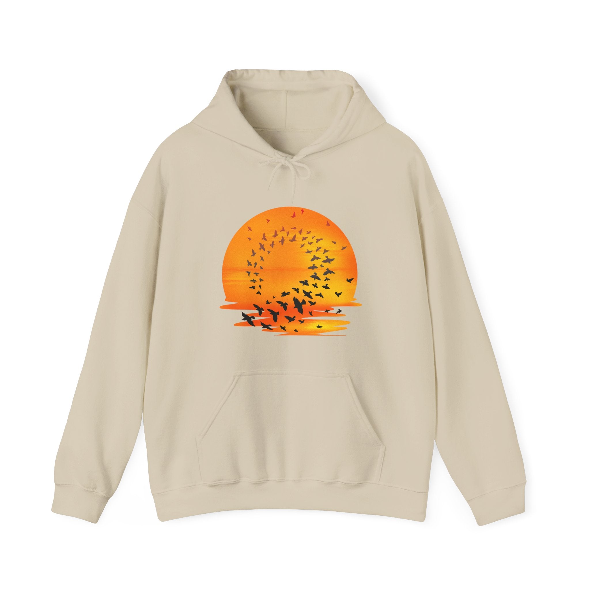 Beige hoodie with a sunset and bird design on a white background