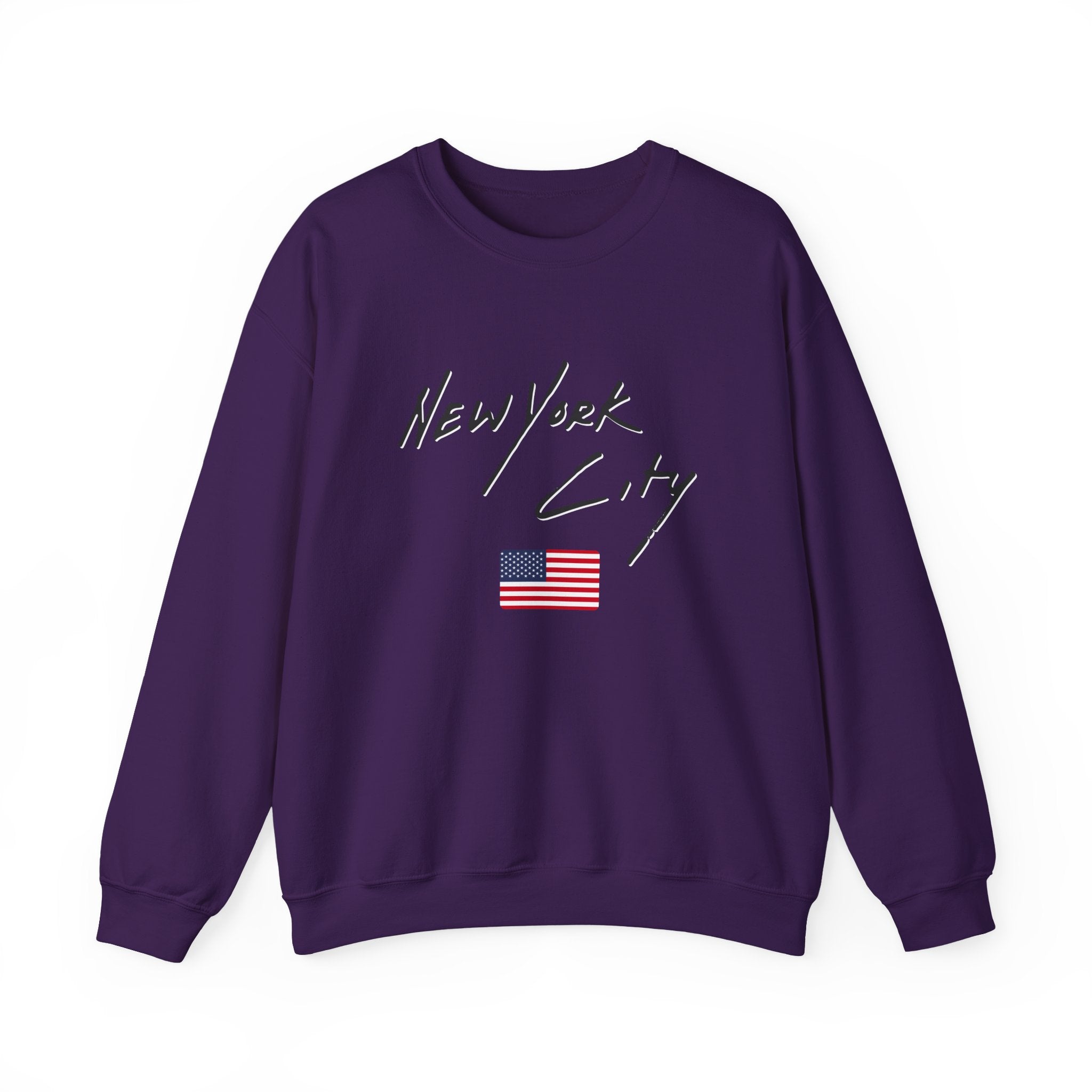 Purple sweatshirt with 'New York City' text and American flag on a white background