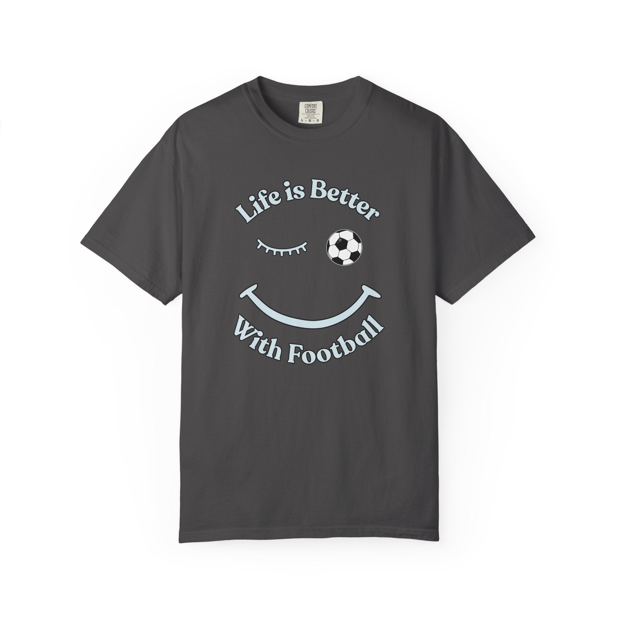 Gray t-shirt with 'Life is Better With Football' text and smiley face design on a white background