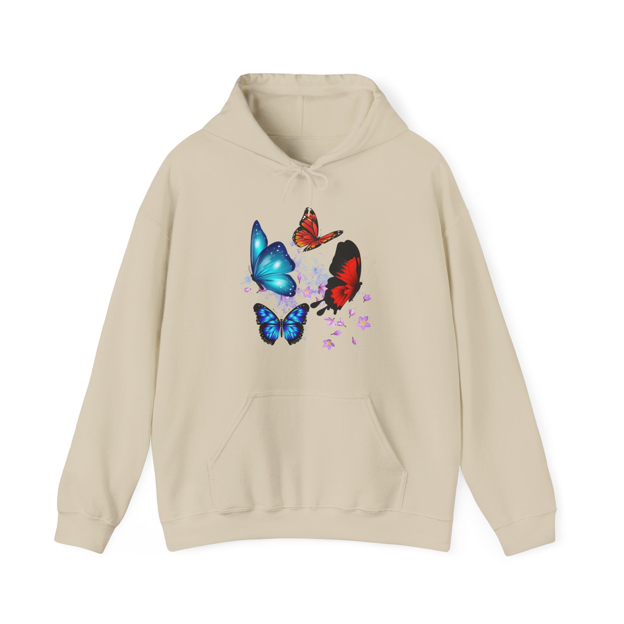 Beige hoodie with colorful butterfly design on a white background