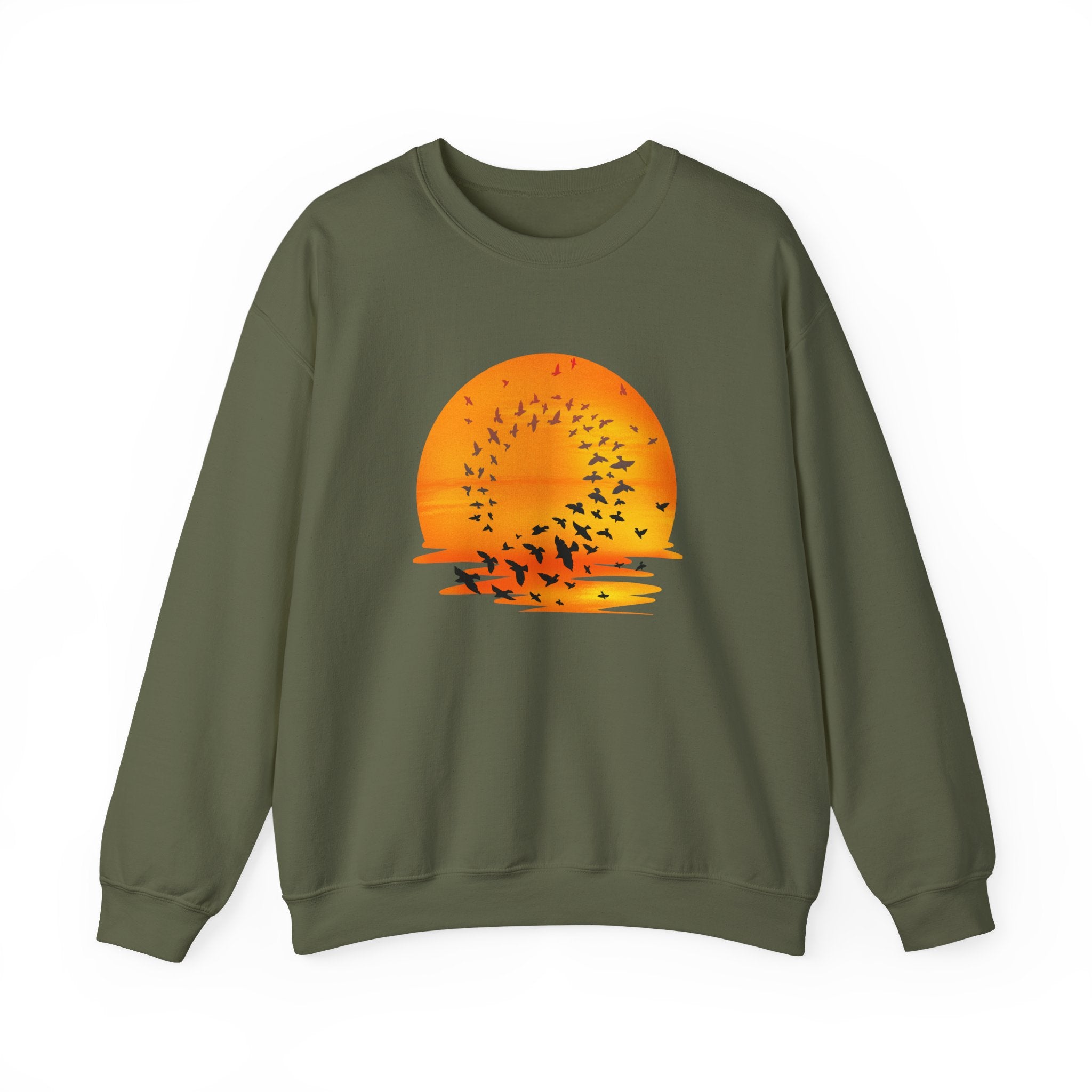 Green sweatshirt with a sunset and bird design on a white background