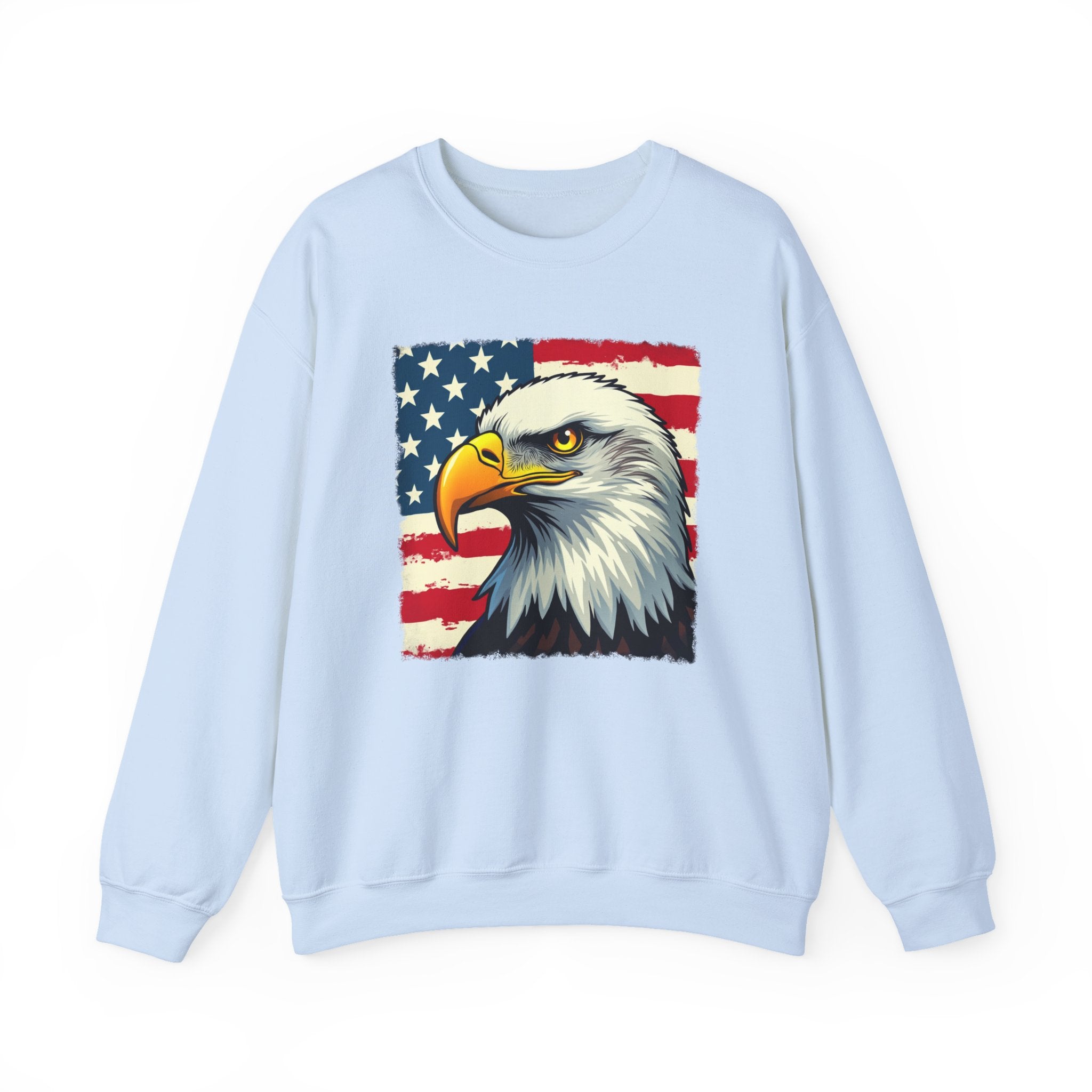 Light blue sweatshirt with an eagle and American flag design on a white background