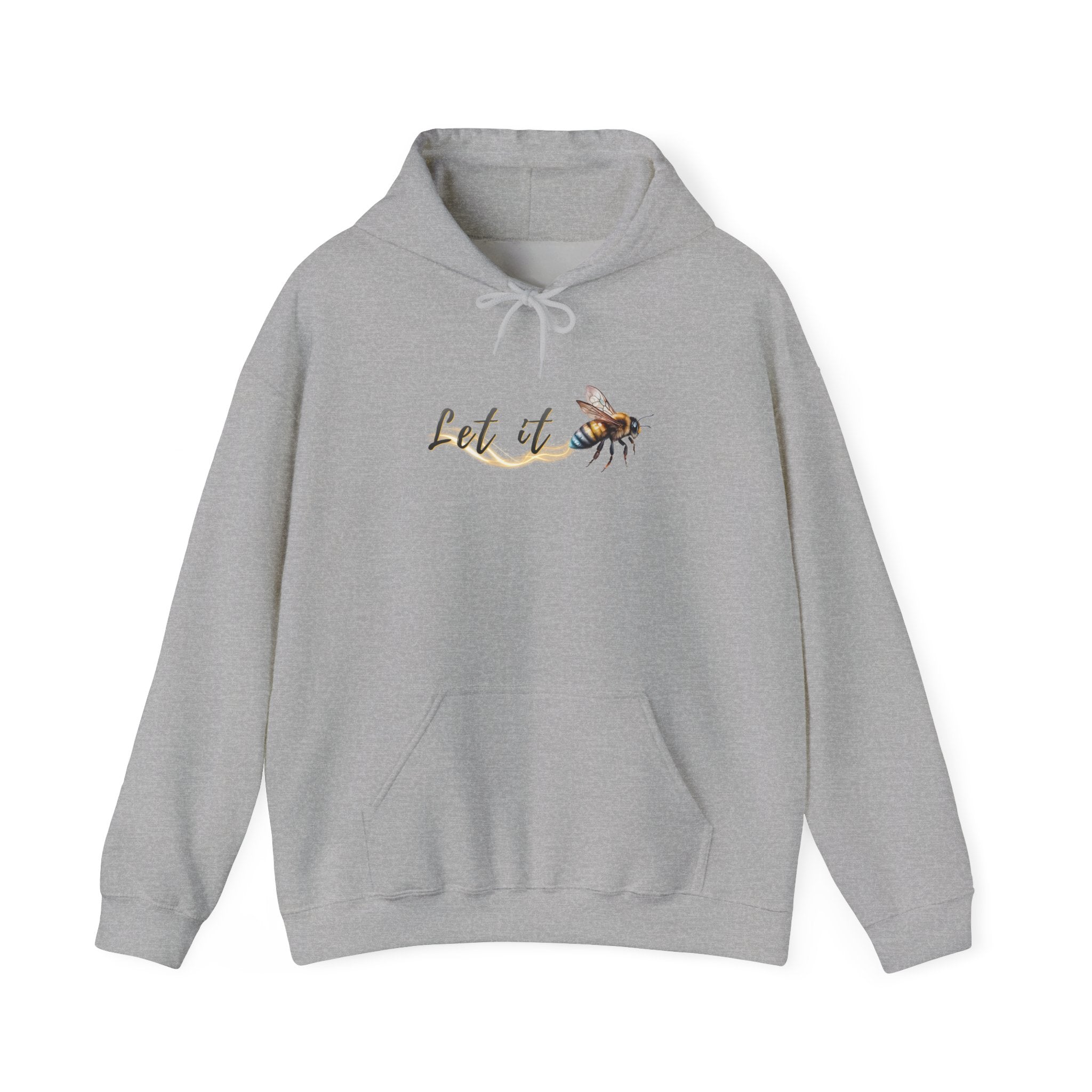 Gray hoodie with a bee and 'Let it' text design on a white background