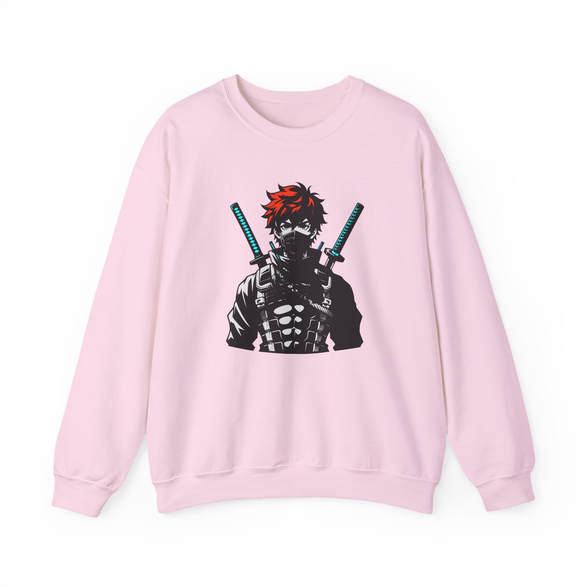 Pink sweatshirt with an anime character holding two swords on a white background