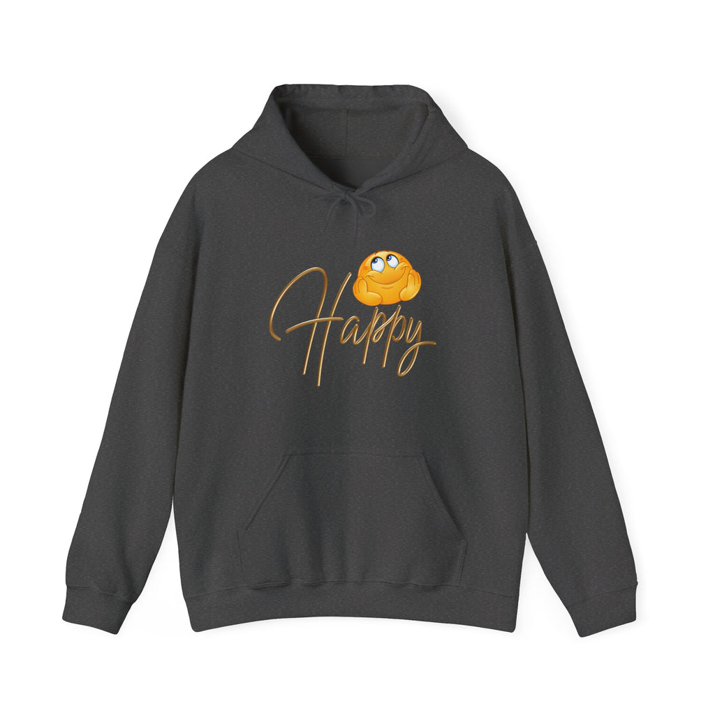 Gray hoodie with a cartoon character and 'Happy' text on a white background