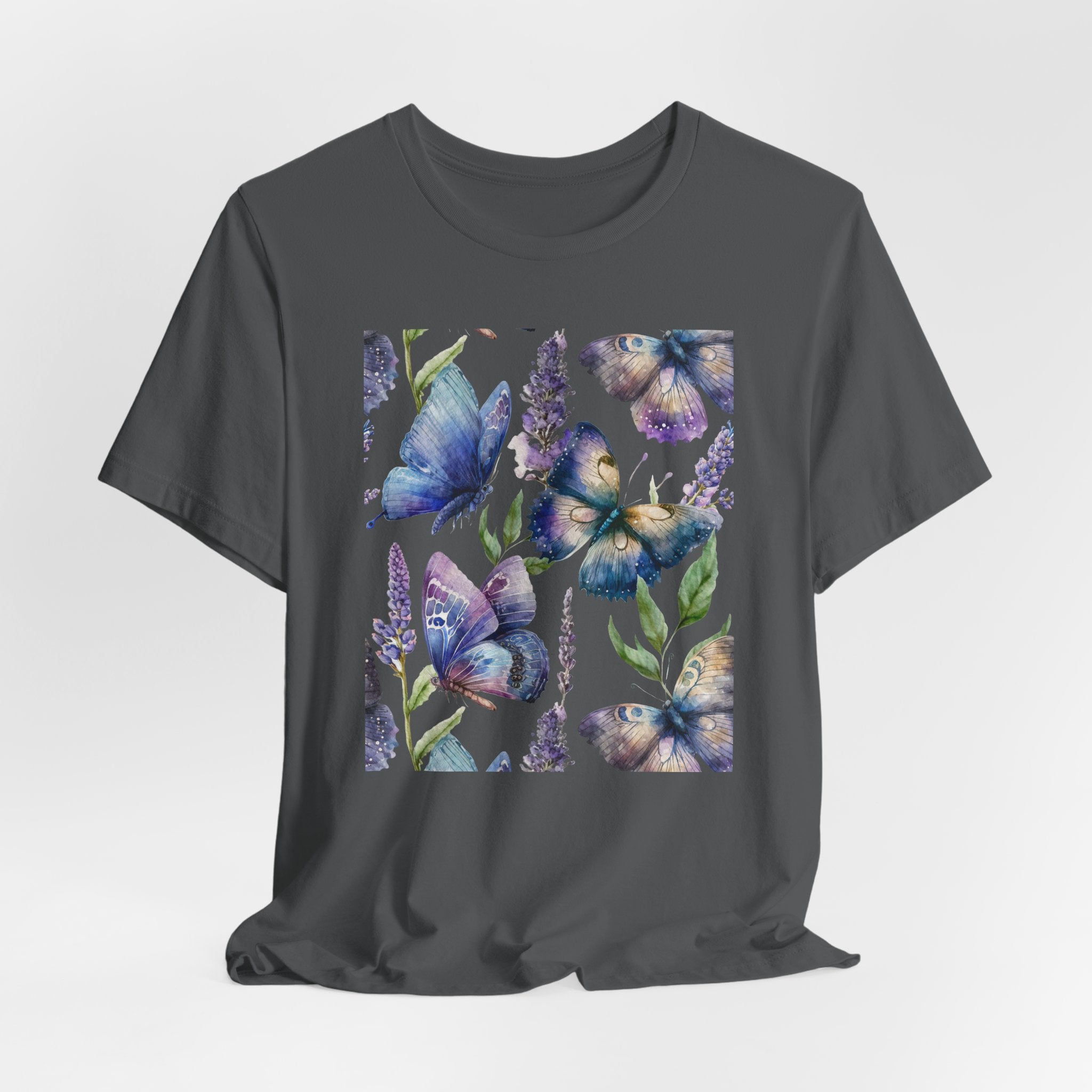 Gray t-shirt with blue butterfly design on a white background