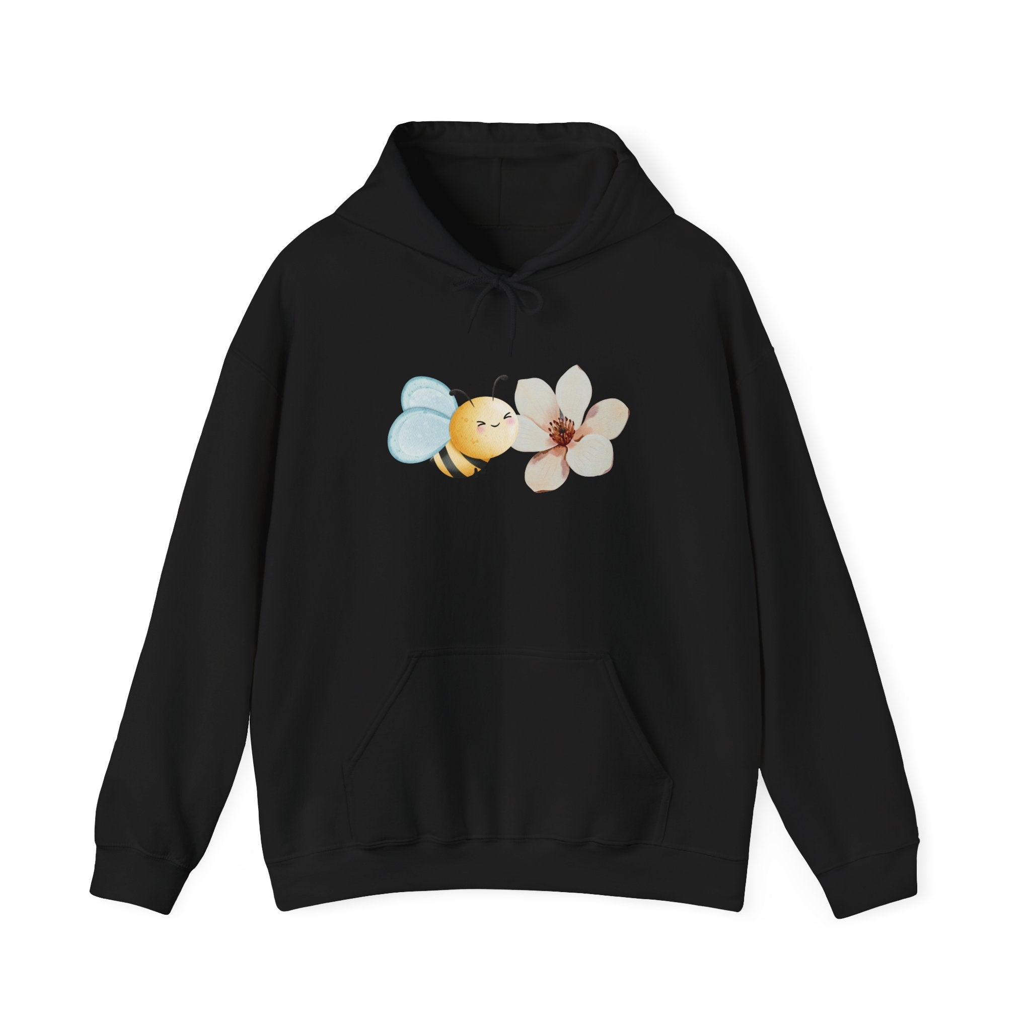 Black hoodie with a flower and bee design on a white background