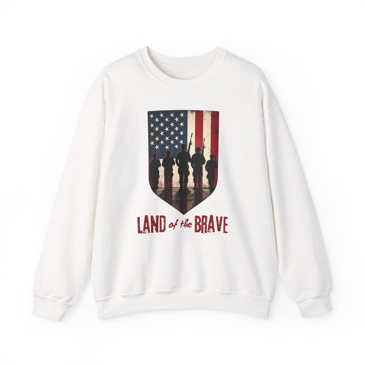 White sweatshirt with 'Land of the Brave' graphic design on a white background