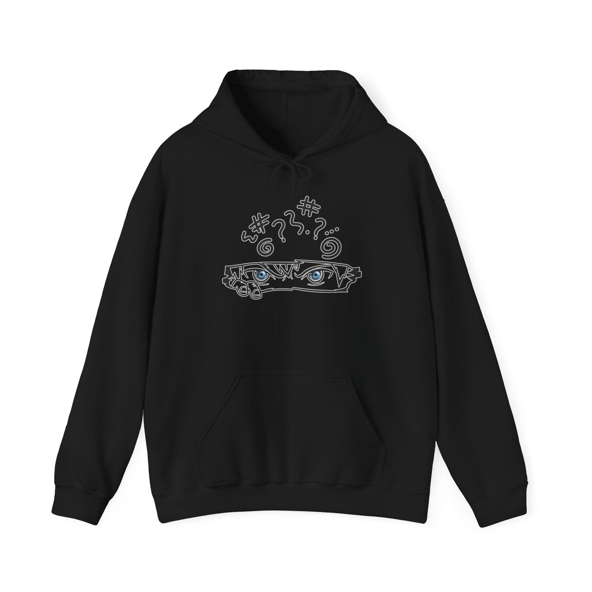 Black hoodie with a graphic anime design against a white background