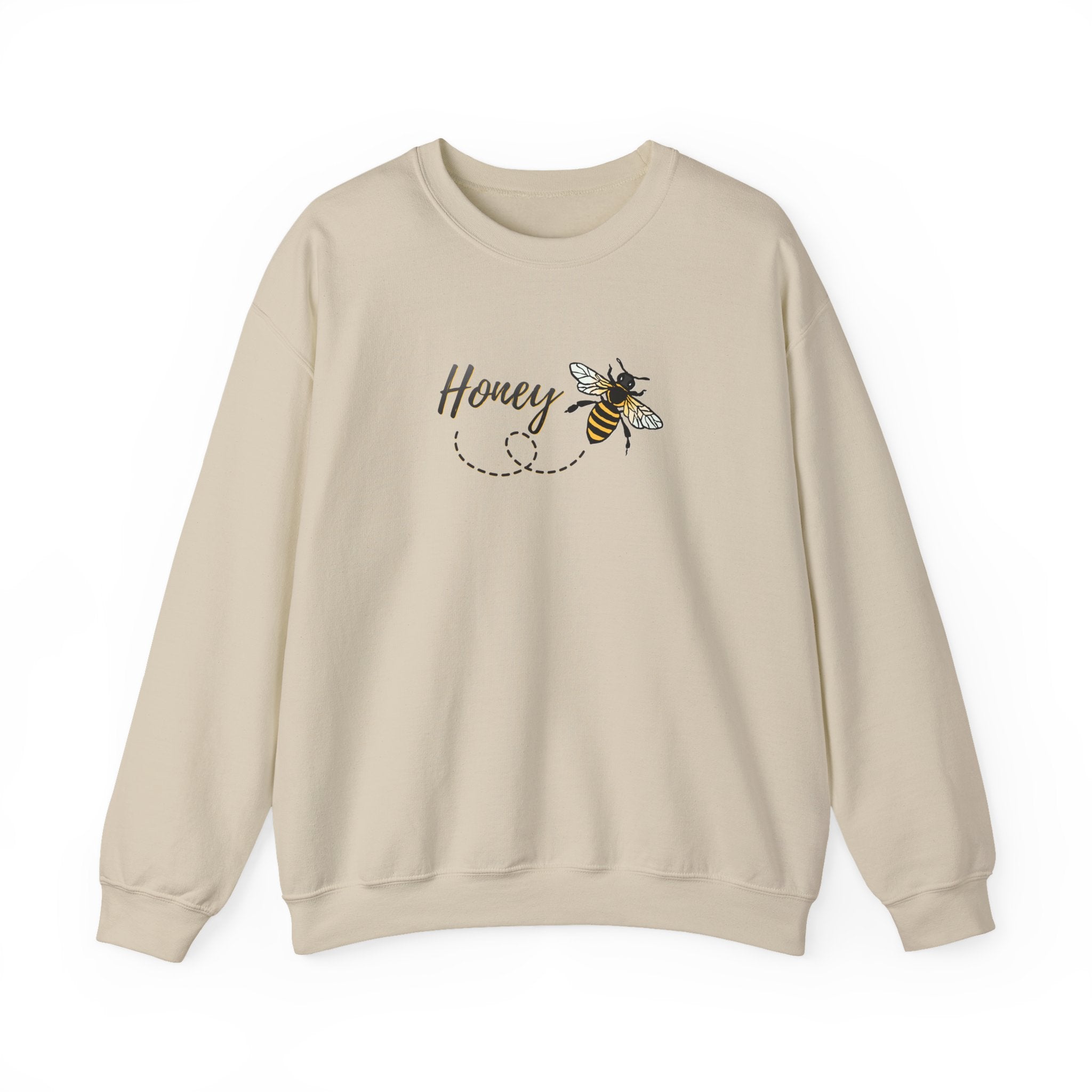 Beige sweatshirt with a bee and 'Honey' text design on a white background
