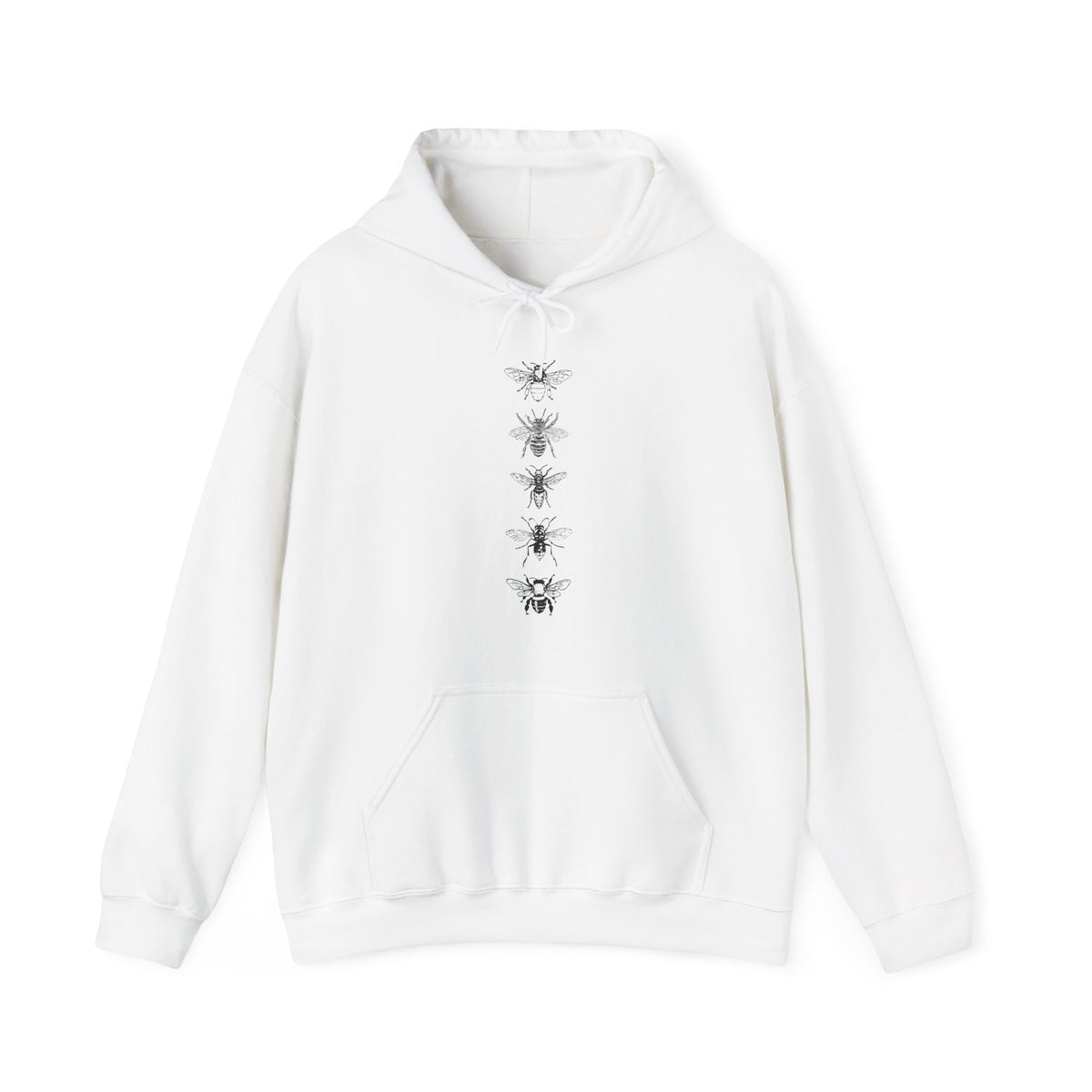 White hoodie with bee designs on a white background