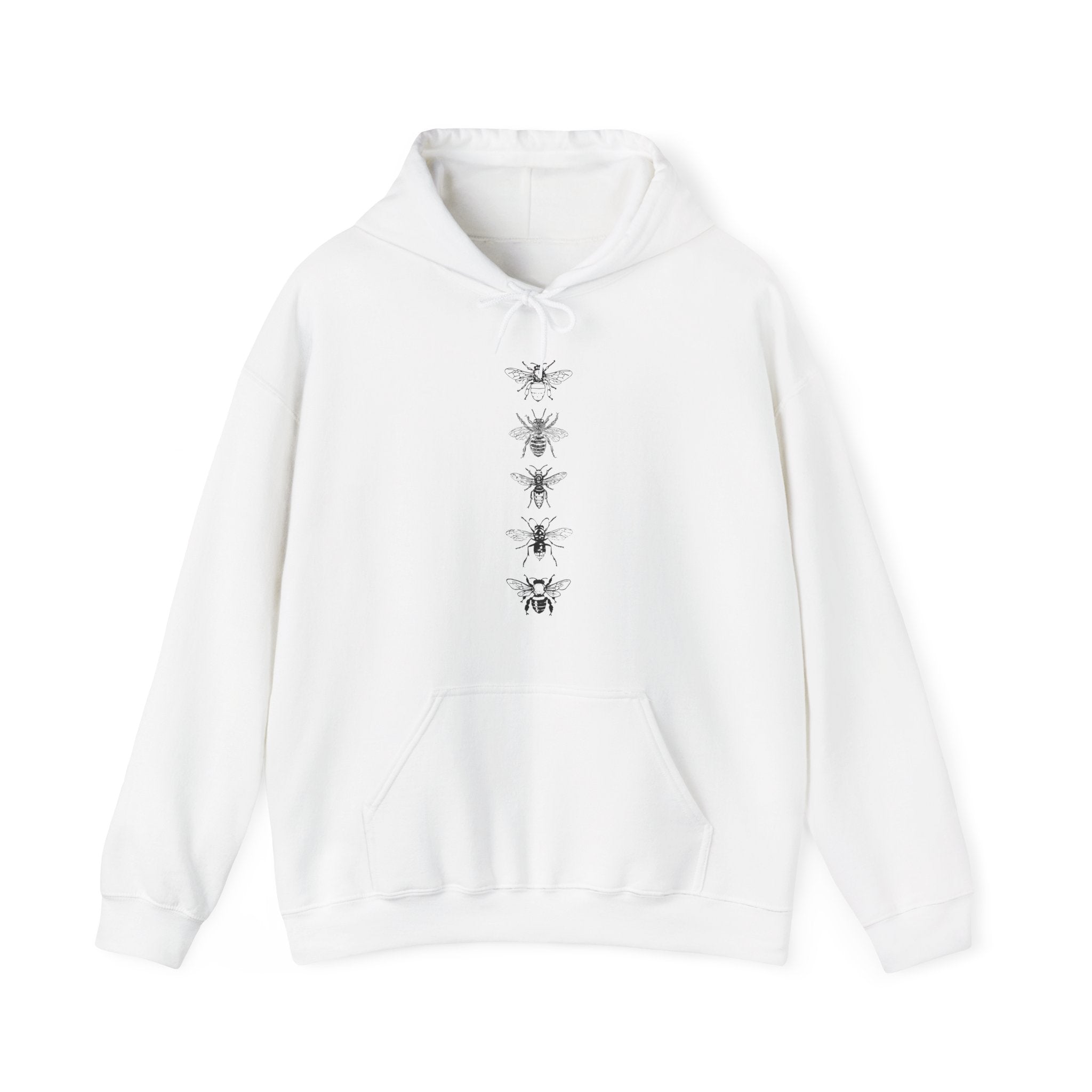 White hoodie with bee designs on a white background