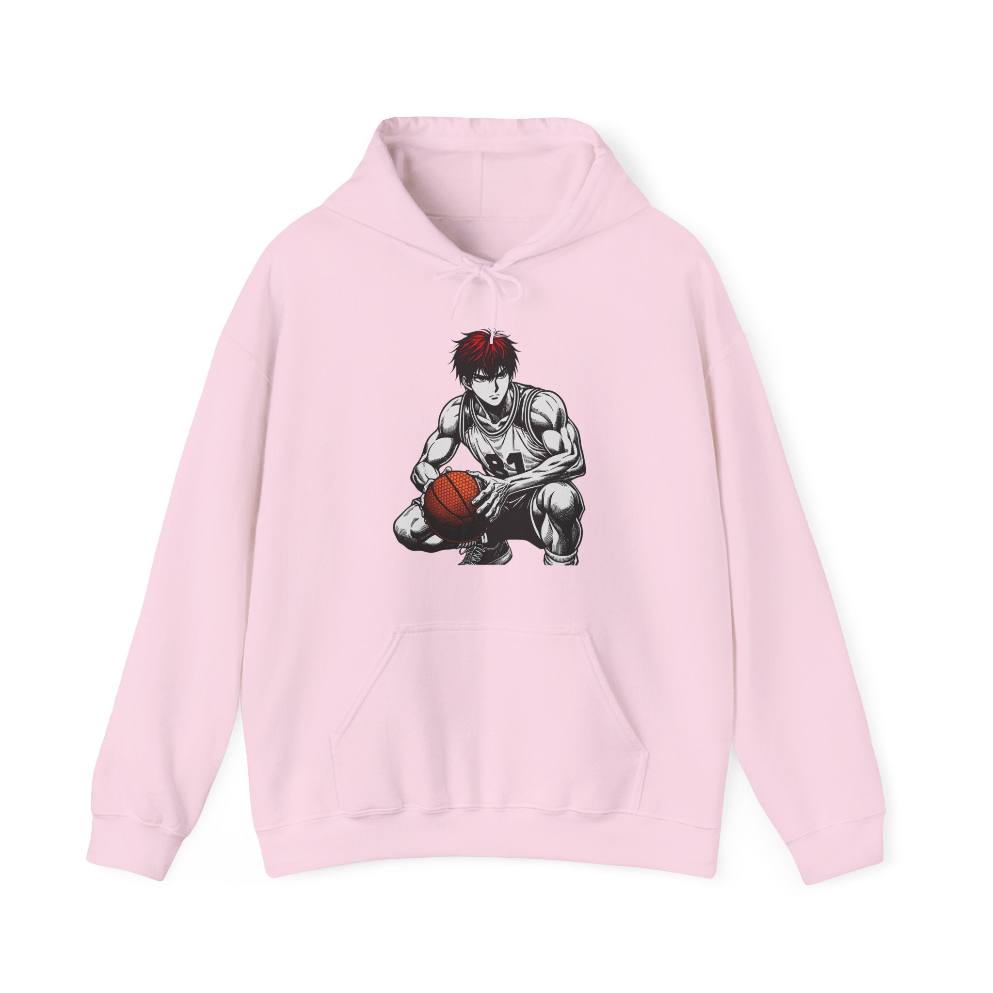 Pink hoodie with an anime character holding a basketball on a white background