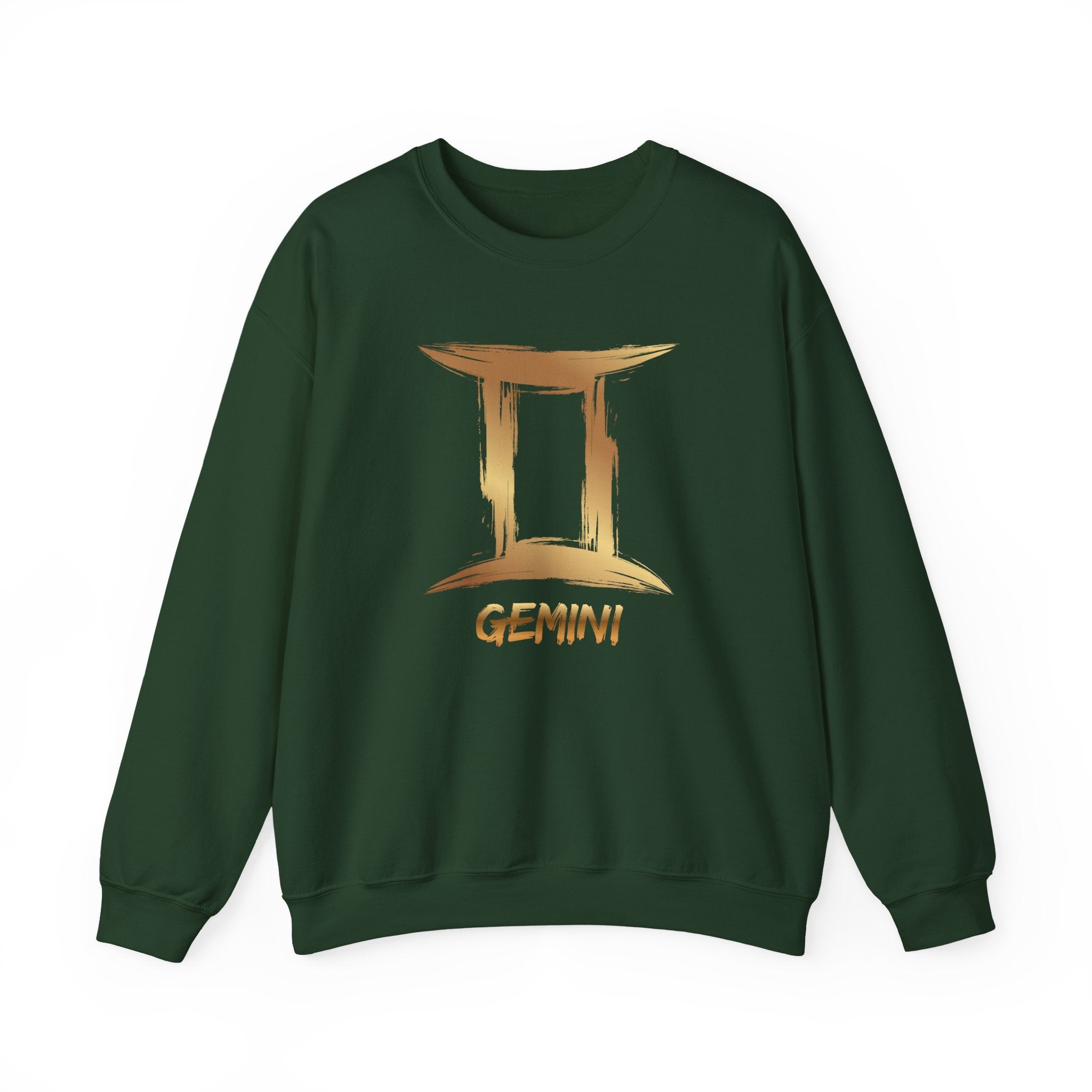Green sweatshirt with Gemini zodiac sign design on a white background