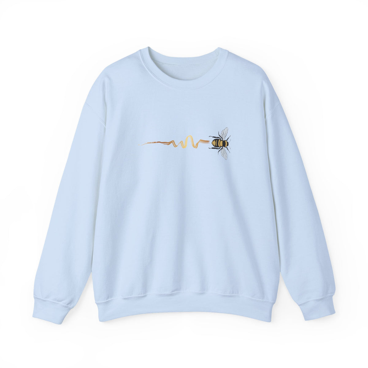 Light blue sweatshirt with a bee design on a white background