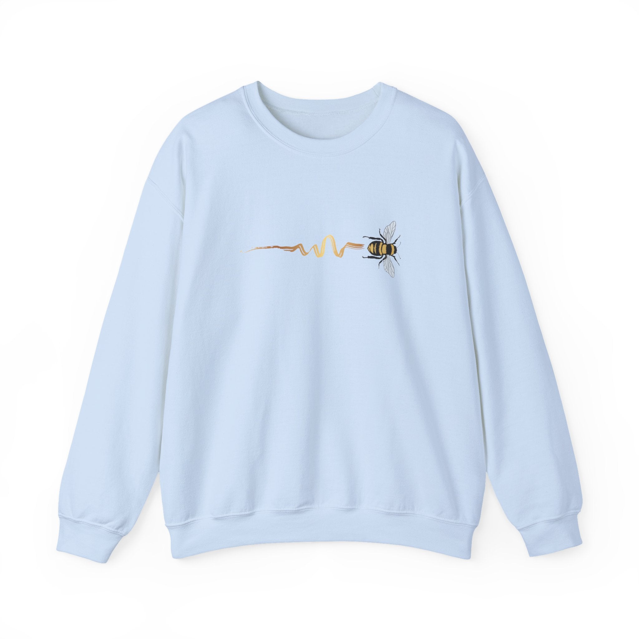 Light blue sweatshirt with a bee design on a white background