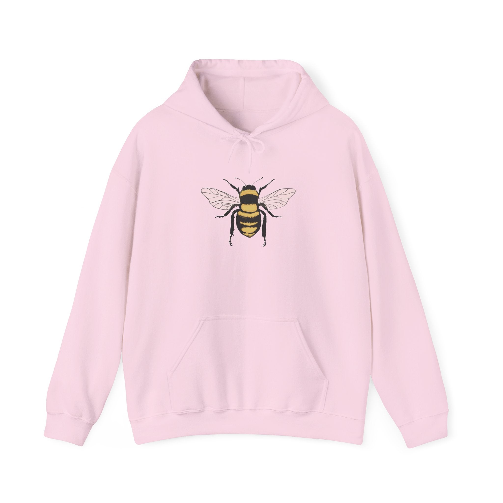 Pink hoodie with a bee design on a white background