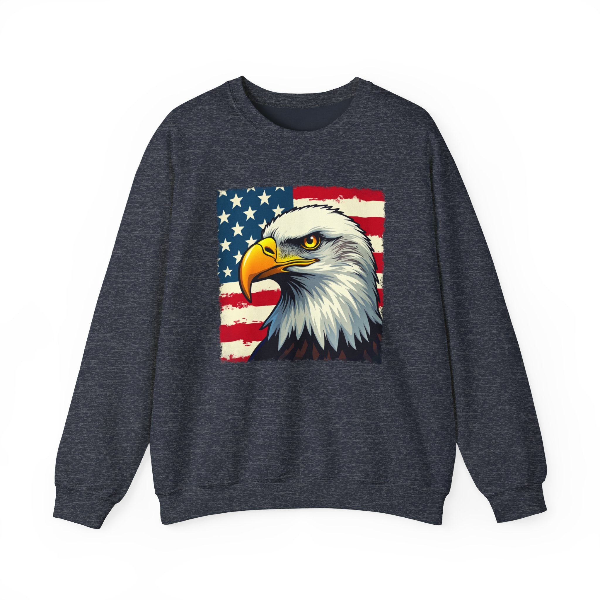 Gray sweatshirt with an eagle and American flag design on a white background