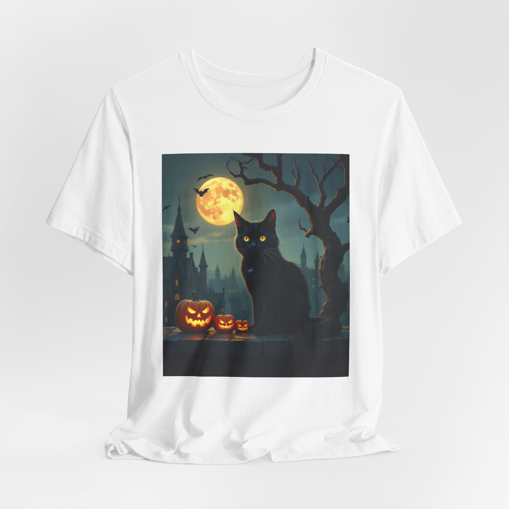 Halloween Cat with Bats and Pumpkins T-shirt for Men and Women