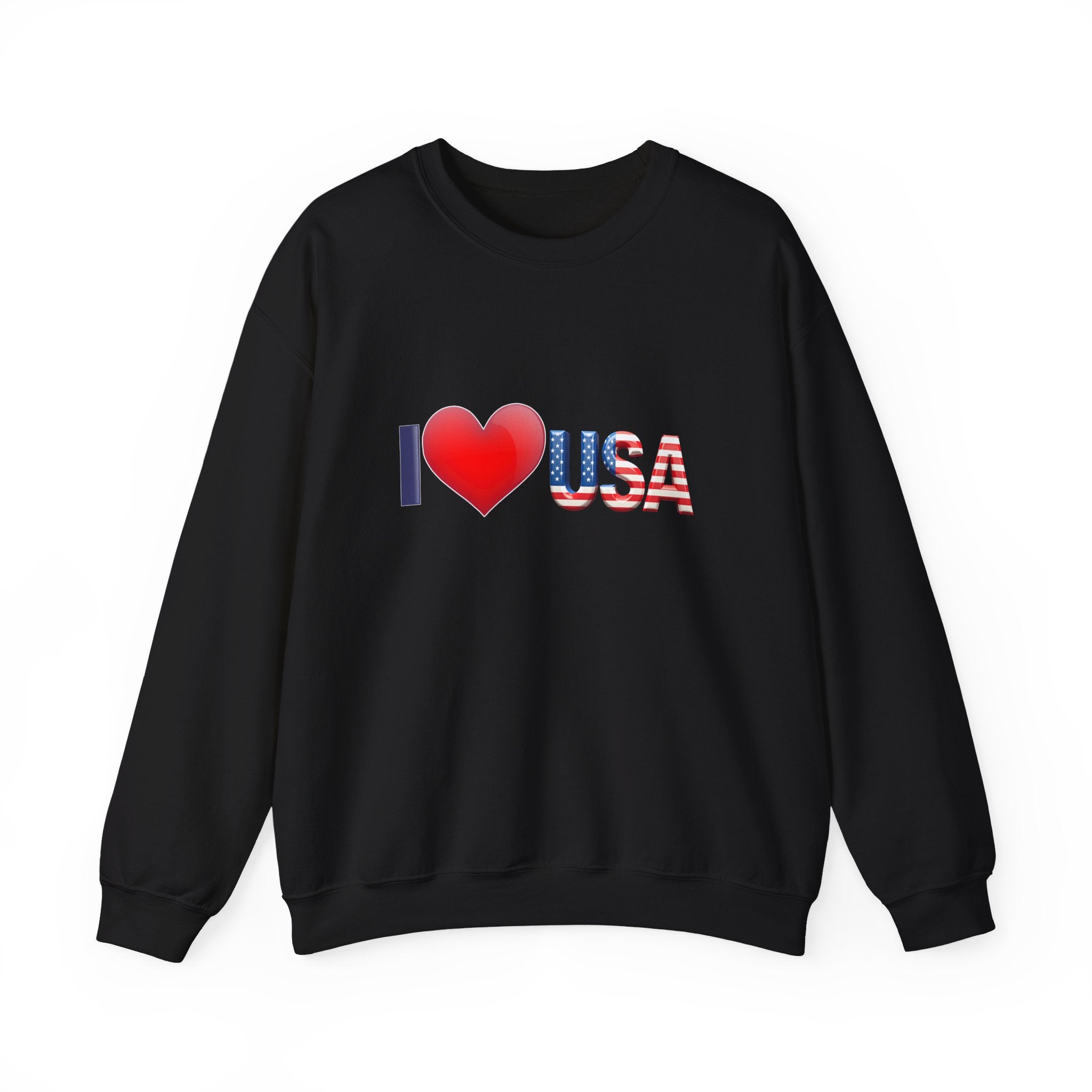 Black sweatshirt with 'I ❤️ USA' text on a white background