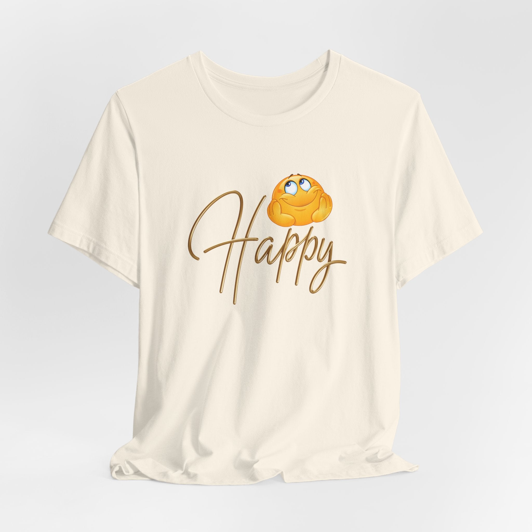 Beige t-shirt with a cartoon character and 'Happy' text on a light gray background