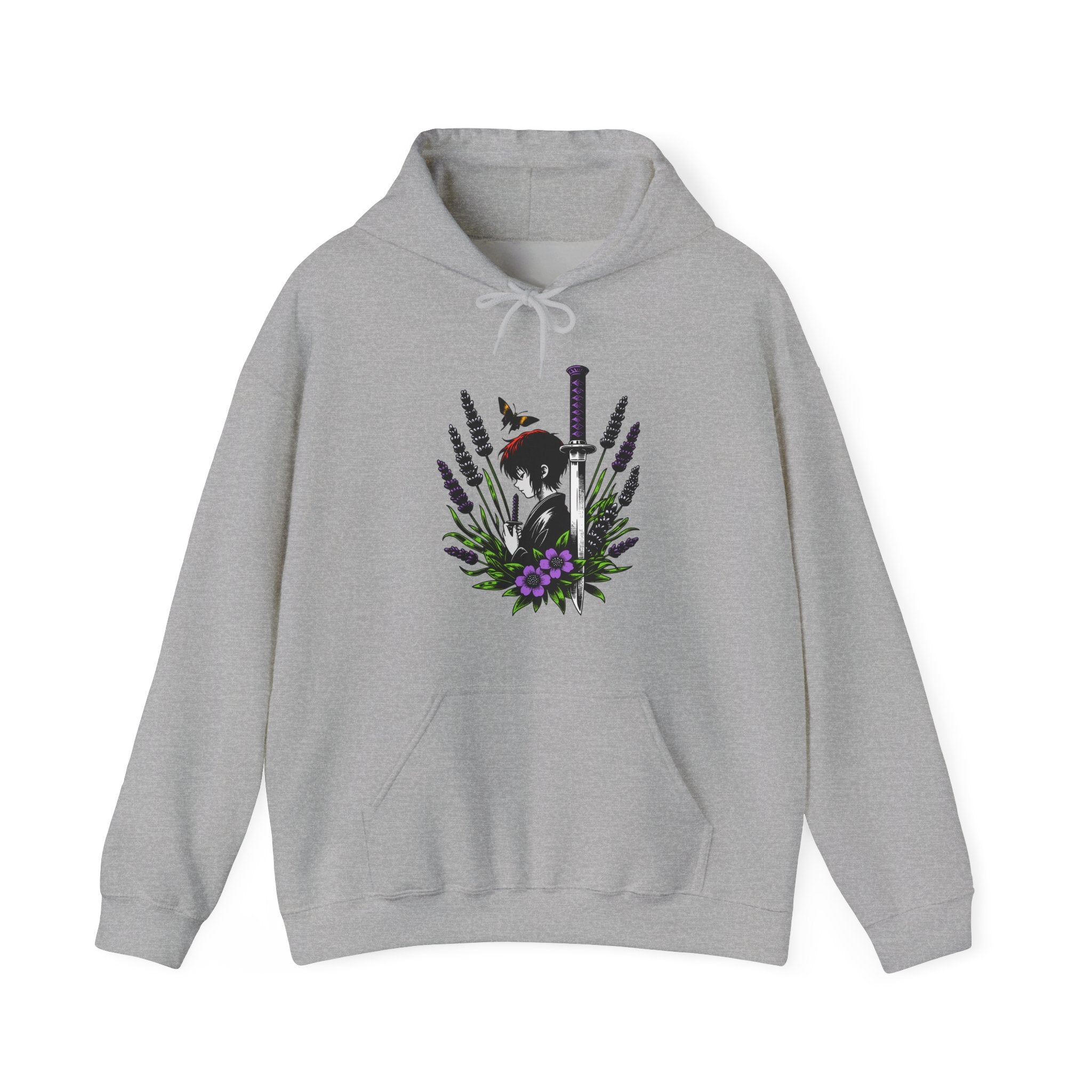 Gray hoodie with an anime graphic design on a white background