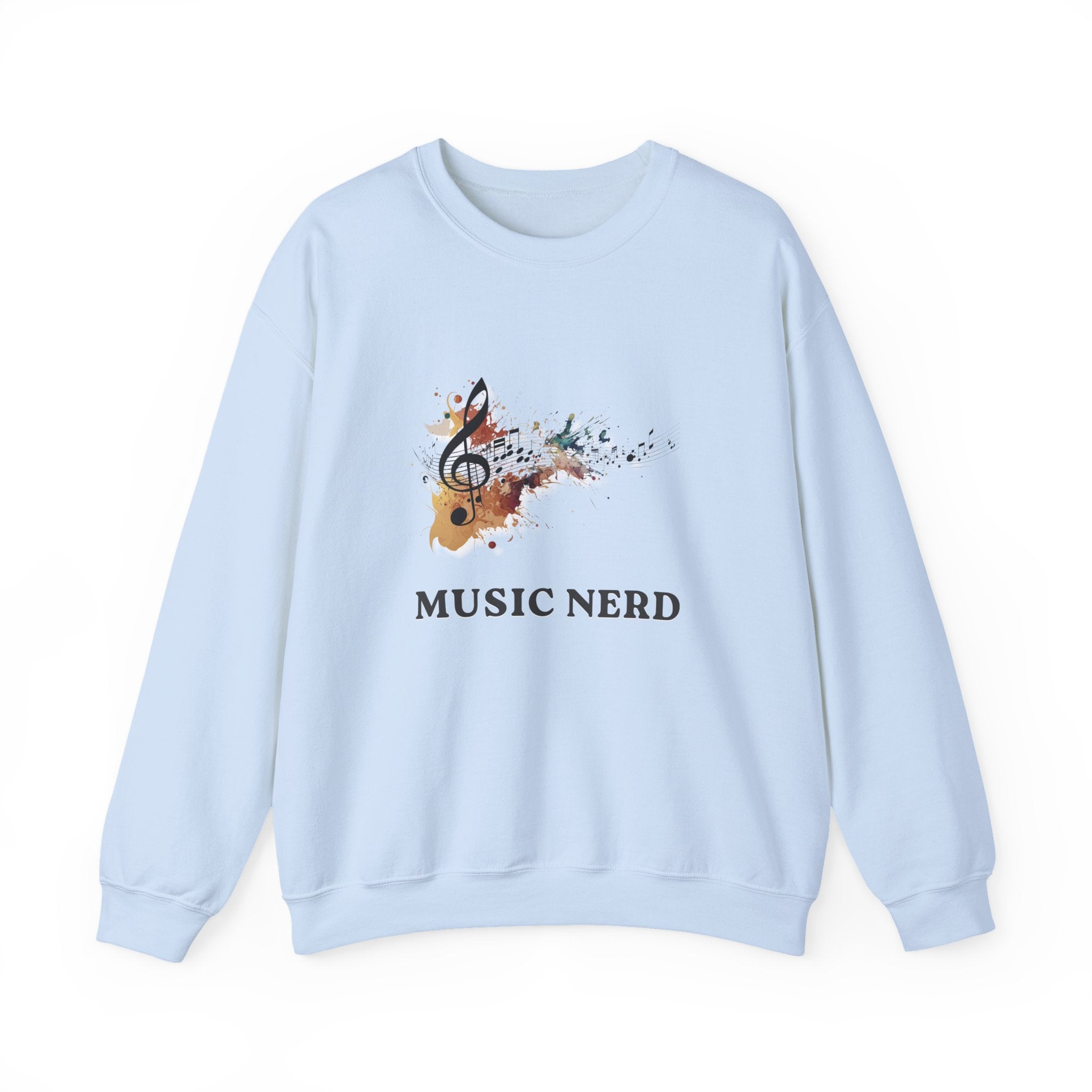 Light blue sweatshirt with musical note design and 'Music Nerd' text on a white background
