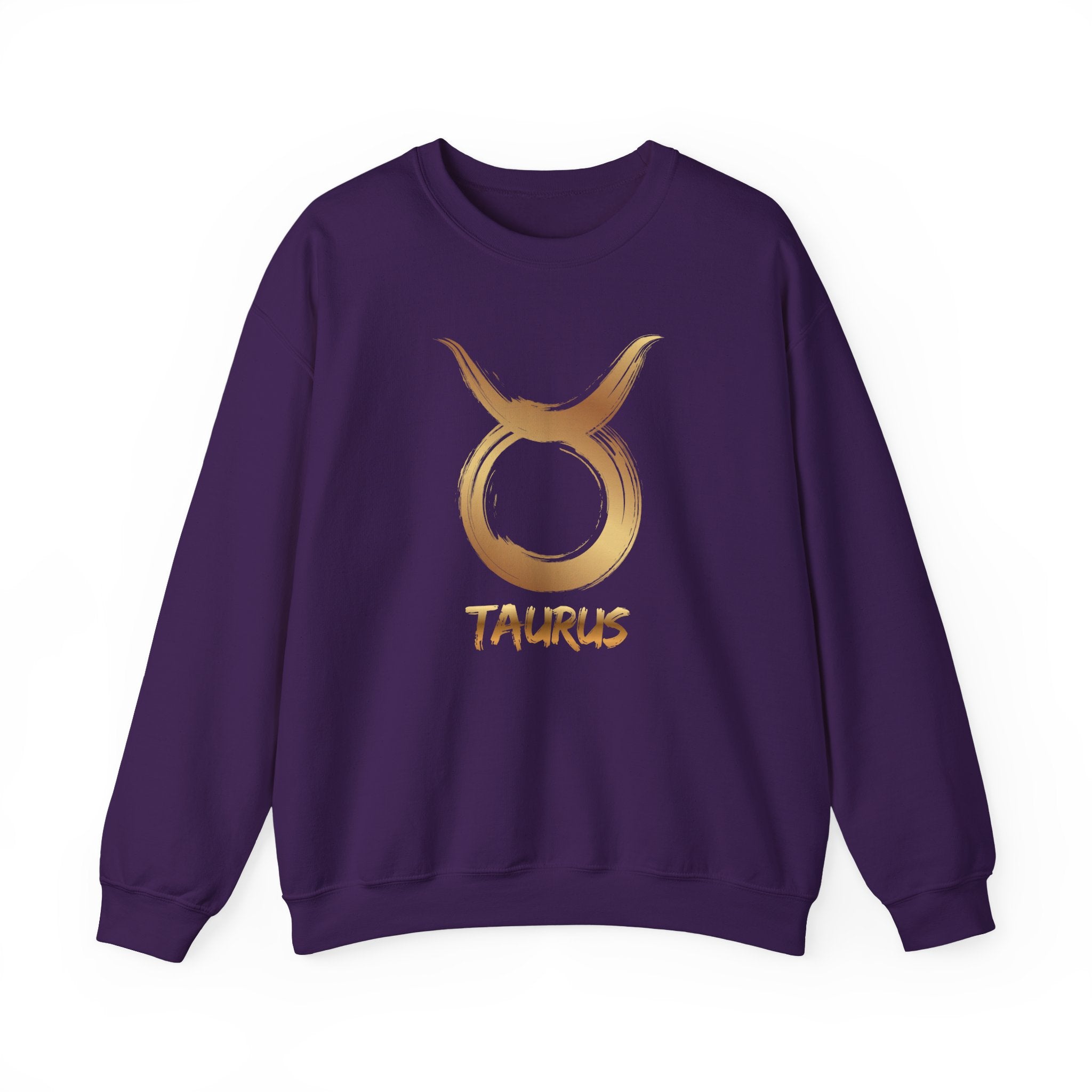 Purple sweatshirt with gold Taurus symbol and text on a white background