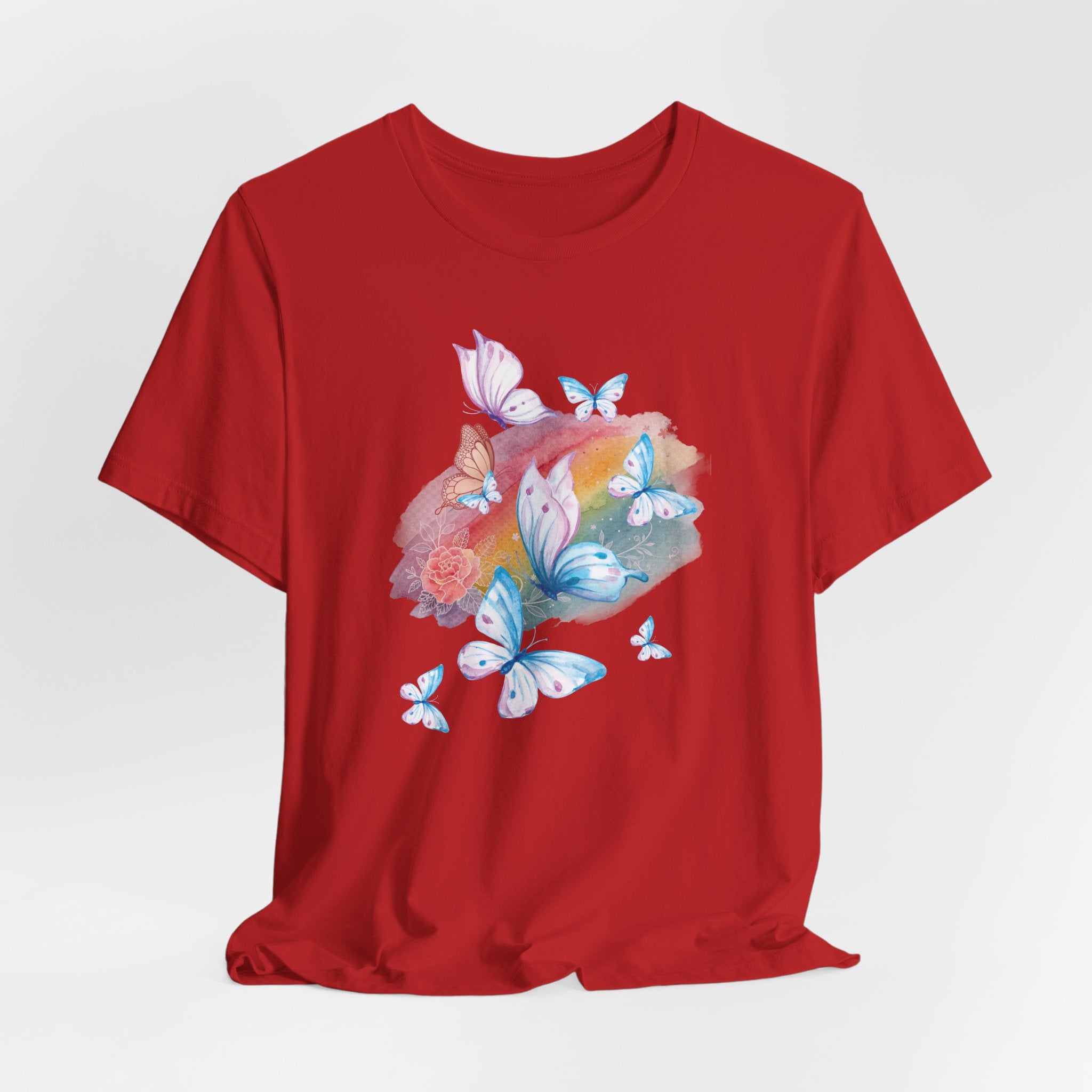 Red t-shirt with colorful butterfly design on a white background