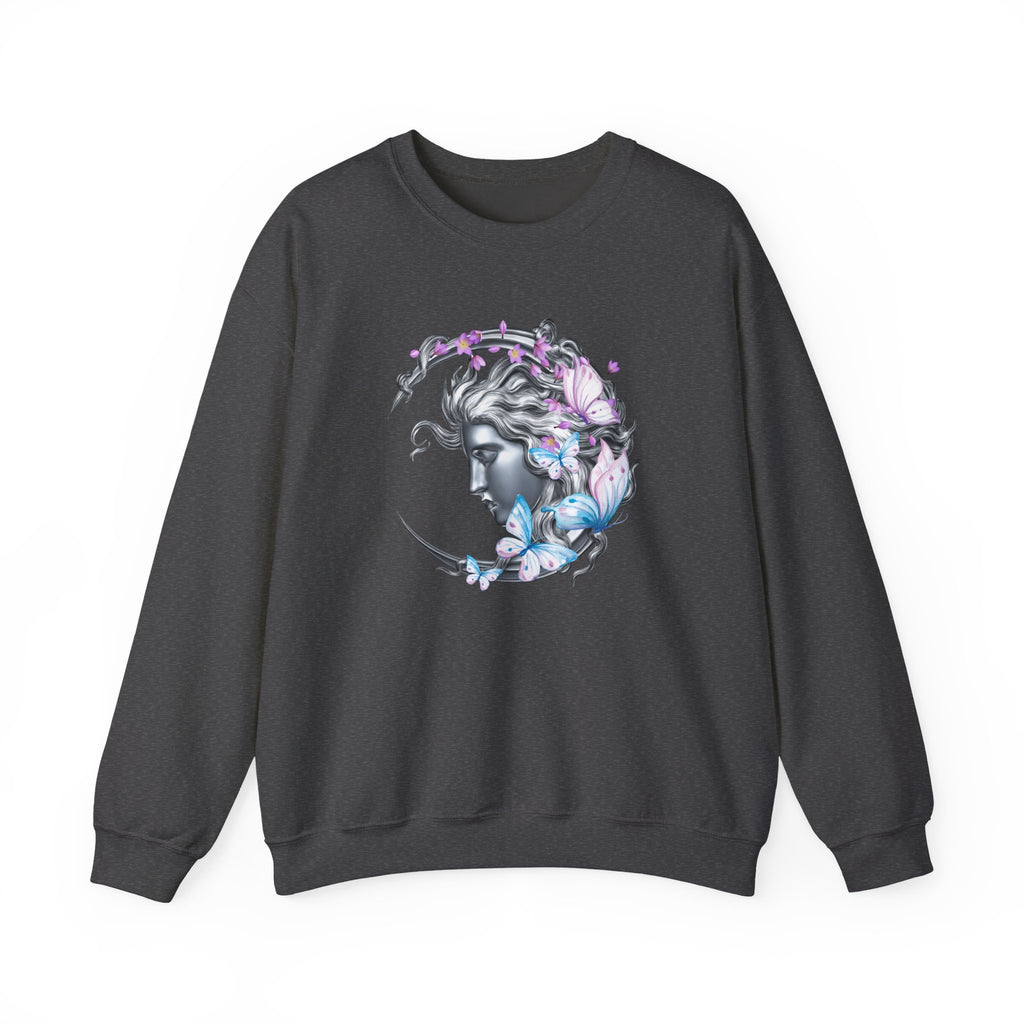 Dark grey sweatshirt with a graphic design of a woman's face surrounded by butterflies on a white background