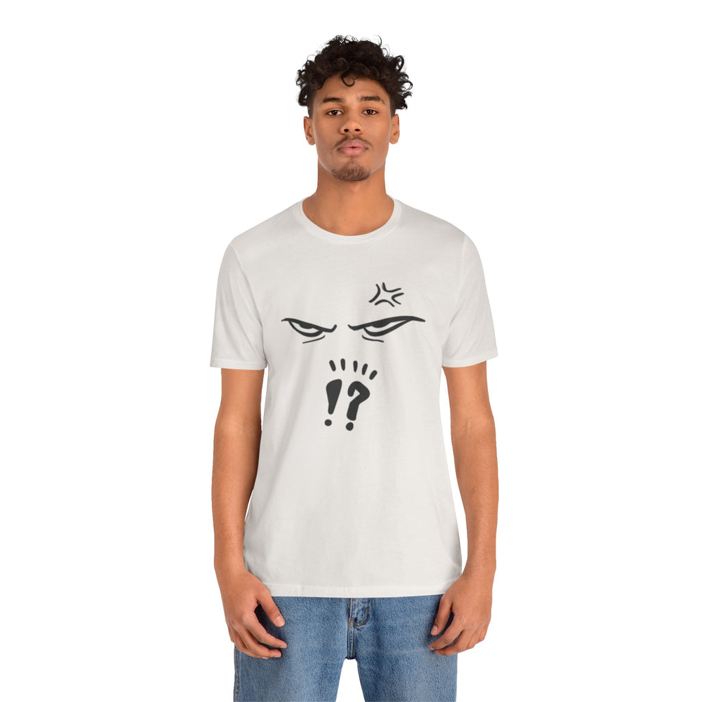 Person wearing a white t-shirt with a black graphic design on a white background