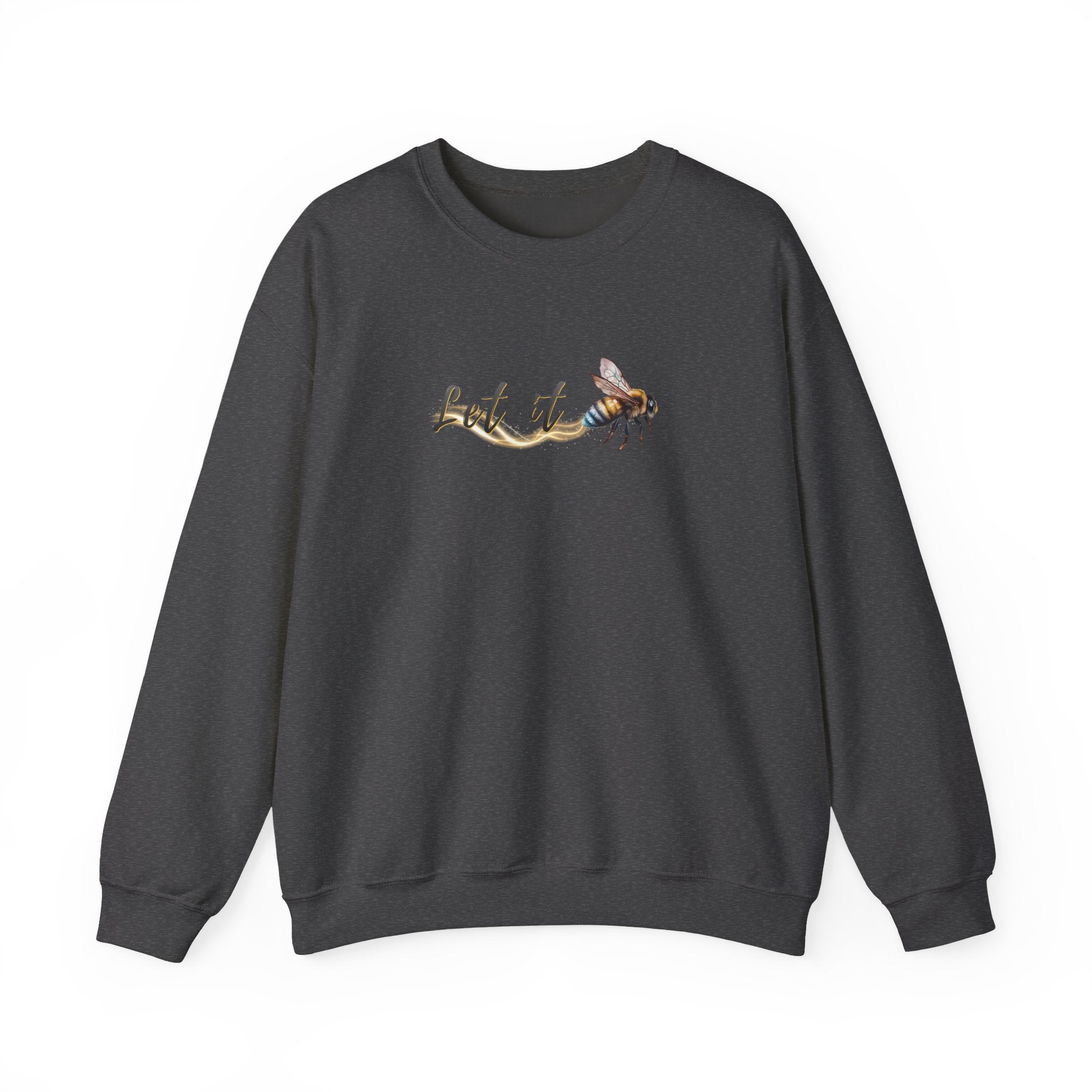 Dark gray sweatshirt with a bee and 'Let It' text design on a white background
