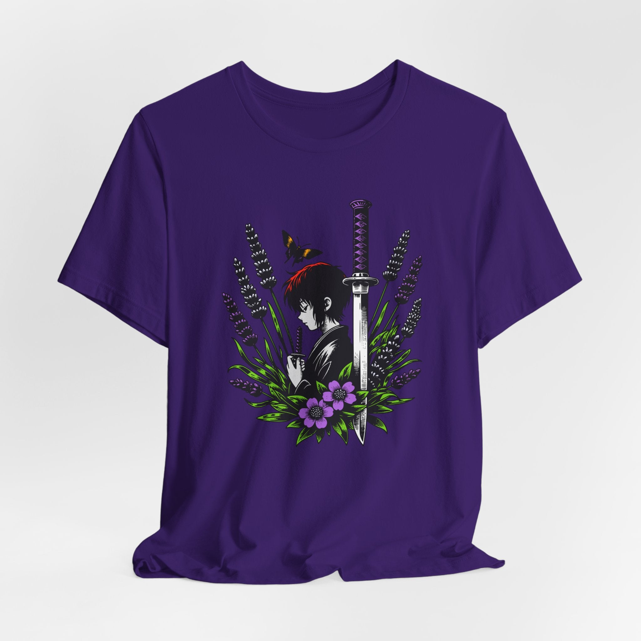 Purple t-shirt with a design of a silhouette, sword, and flowers on a white background