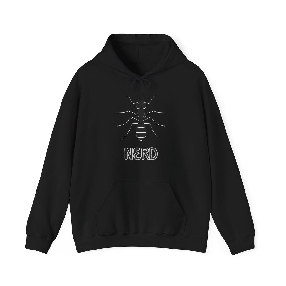 Black hoodie with an ant logo and text "Nerd" on a white background