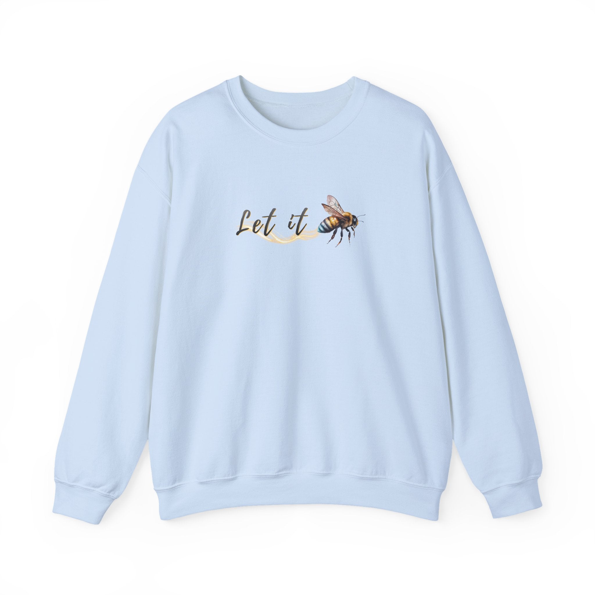 Light blue sweatshirt with 'Let it bee' text and bee graphic on a white background