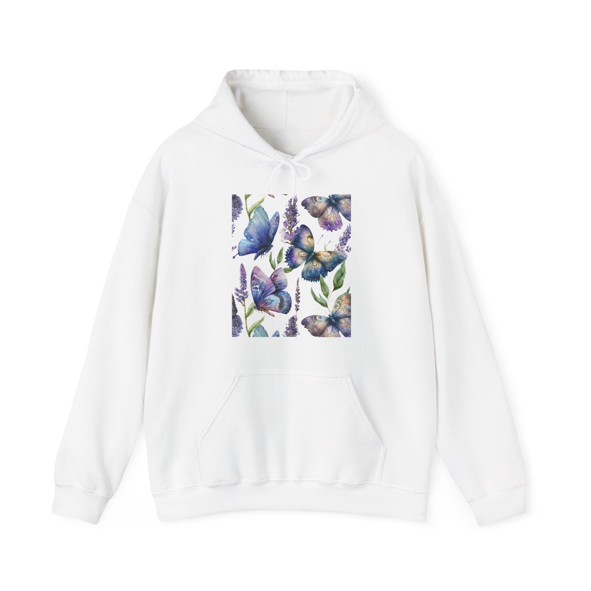 White hoodie with butterfly design on a white background