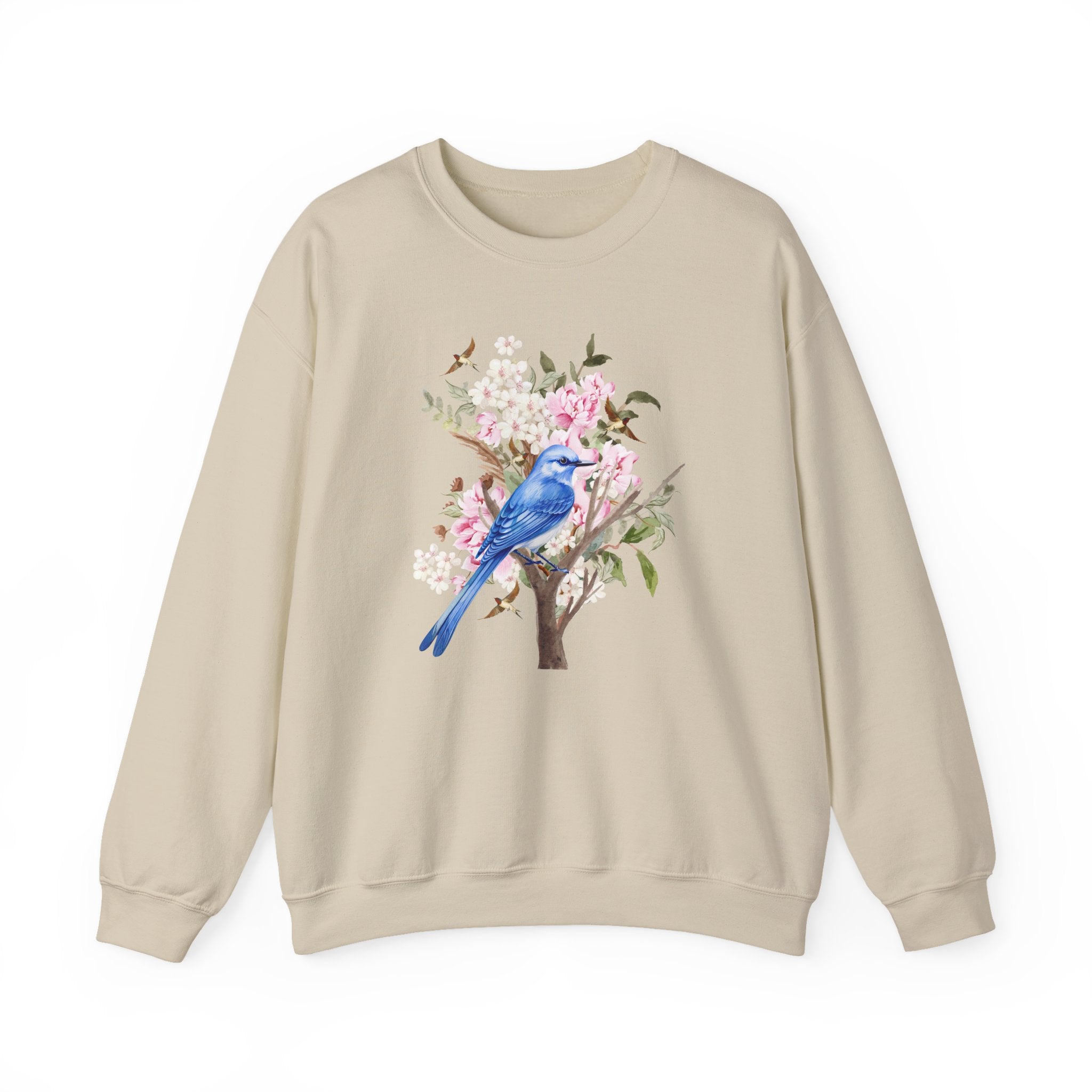 Beige sweatshirt with a blue bird and floral design on a white background