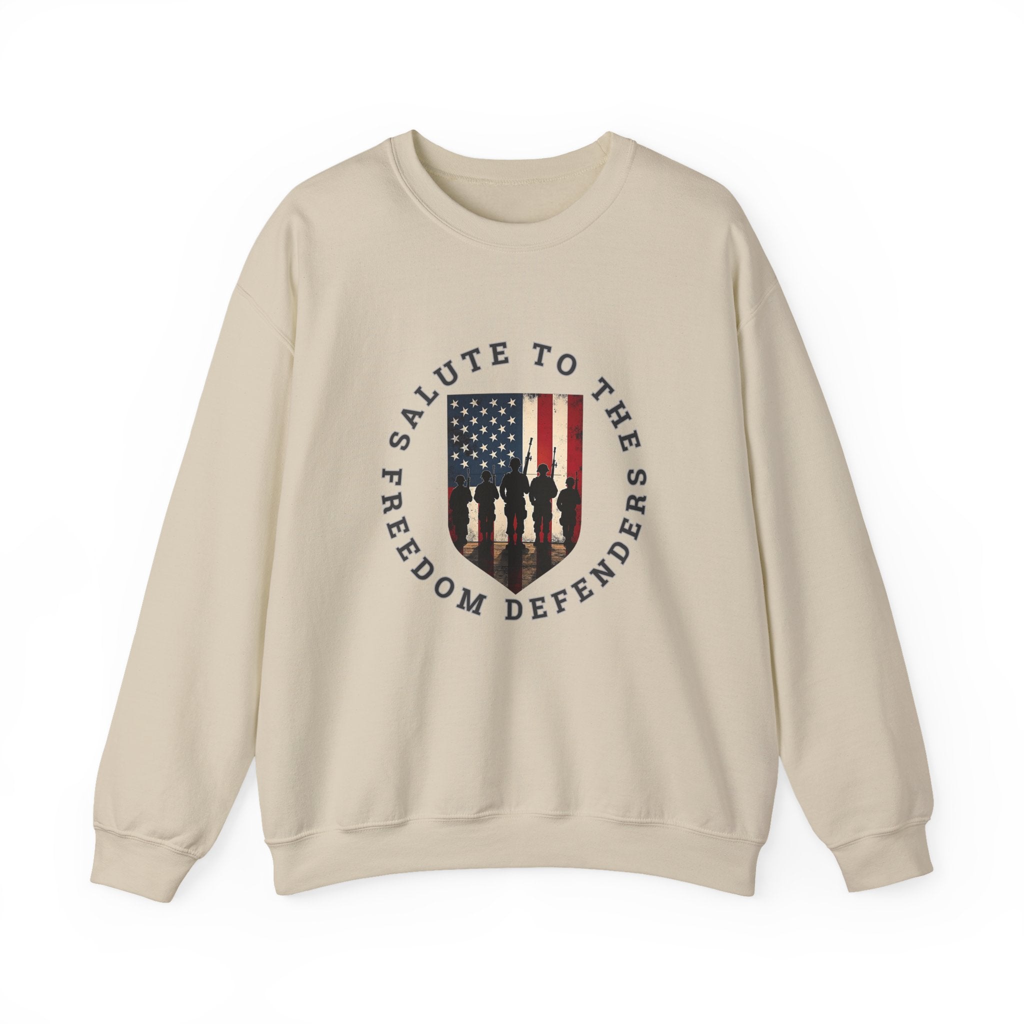 Beige sweatshirt with 'Salute to the Freedom Defenders' graphic on a white background