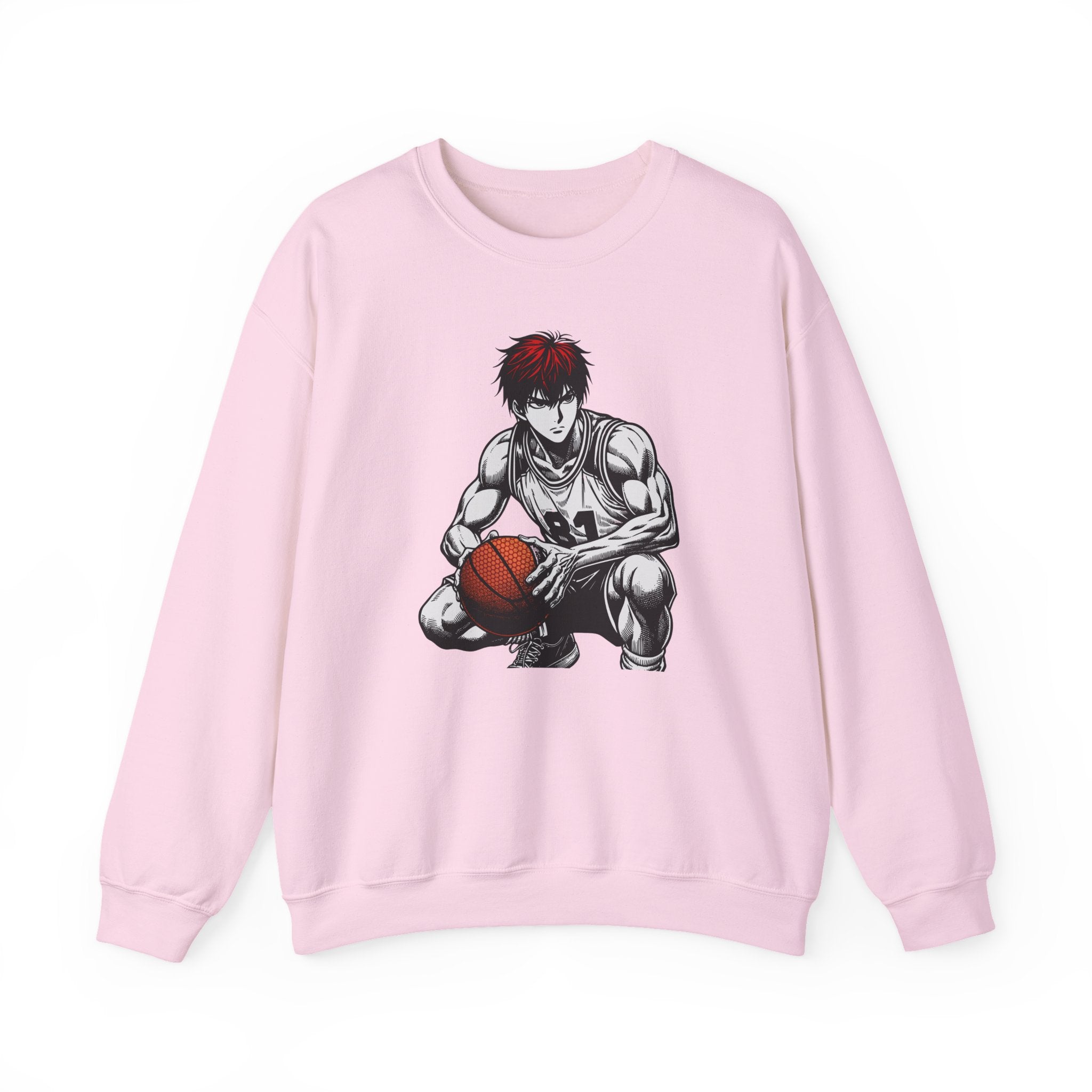 Pink sweatshirt with an anime-style graphic of a character holding a basketball on a white background