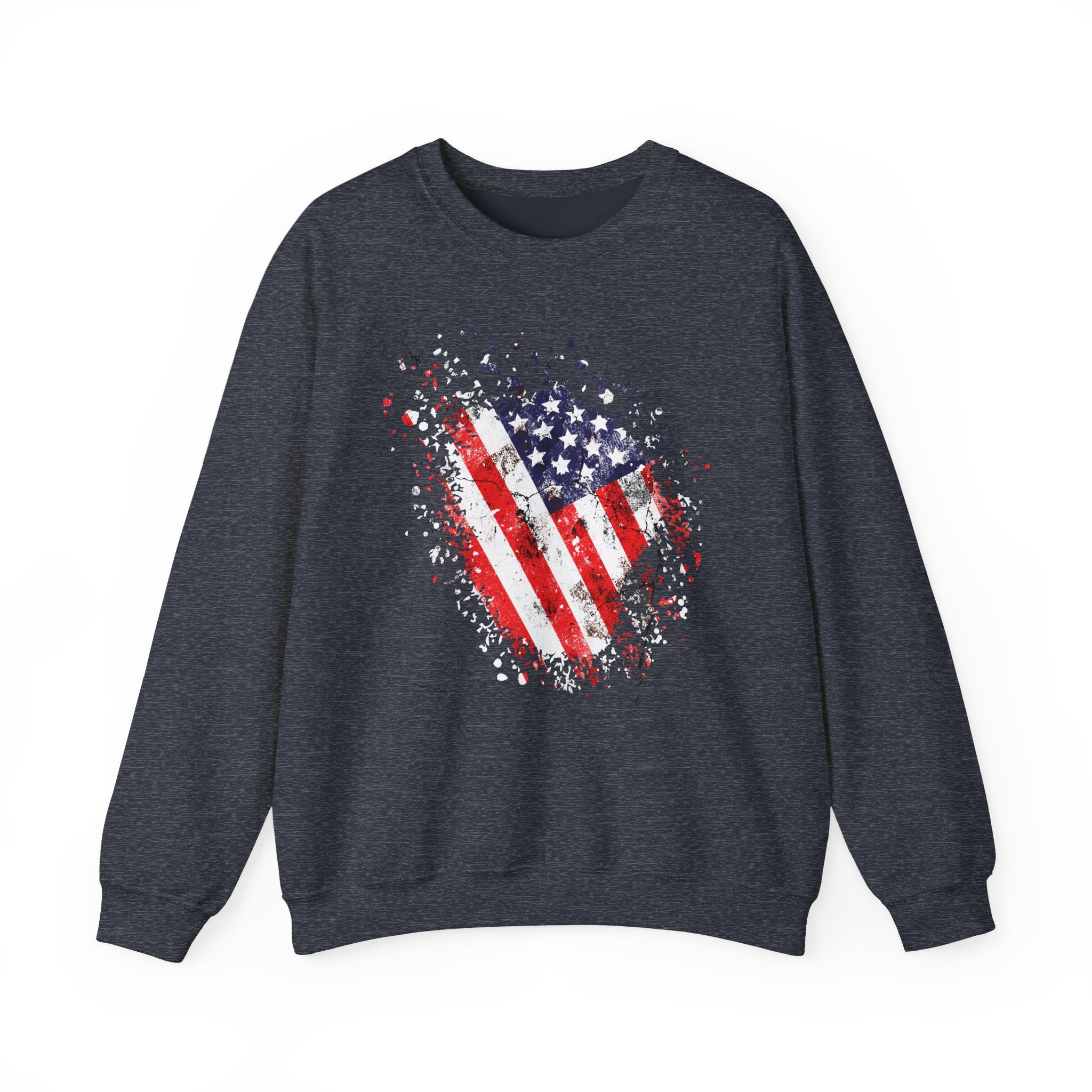 Dark navy sweatshirt with American flag graphic on a white background