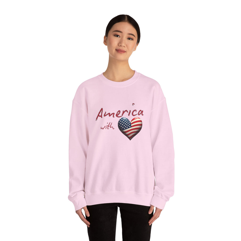 Person wearing a pink sweatshirt with 'America with heart' design on a white background