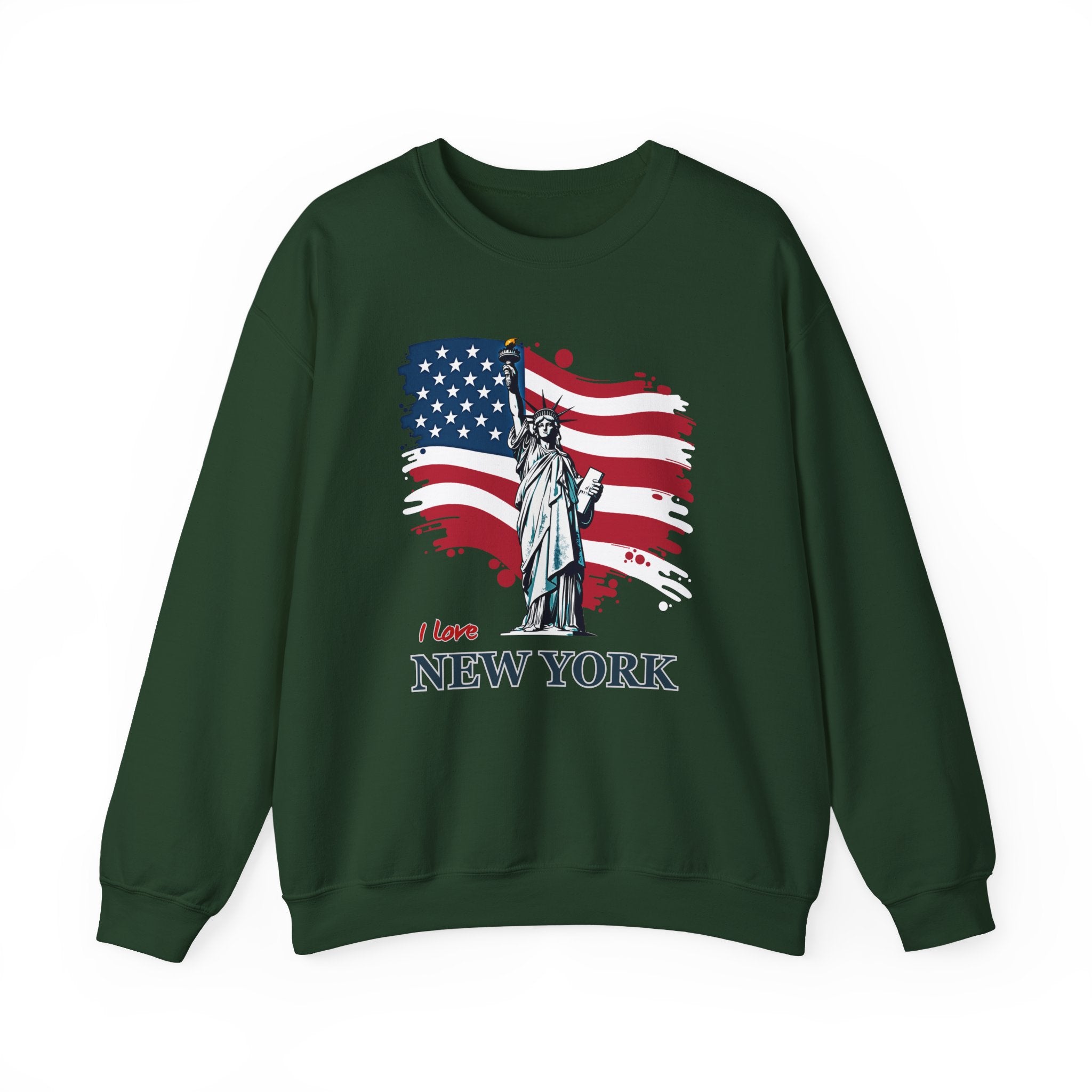 Green sweatshirt with Statue of Liberty and American flag design on a white background