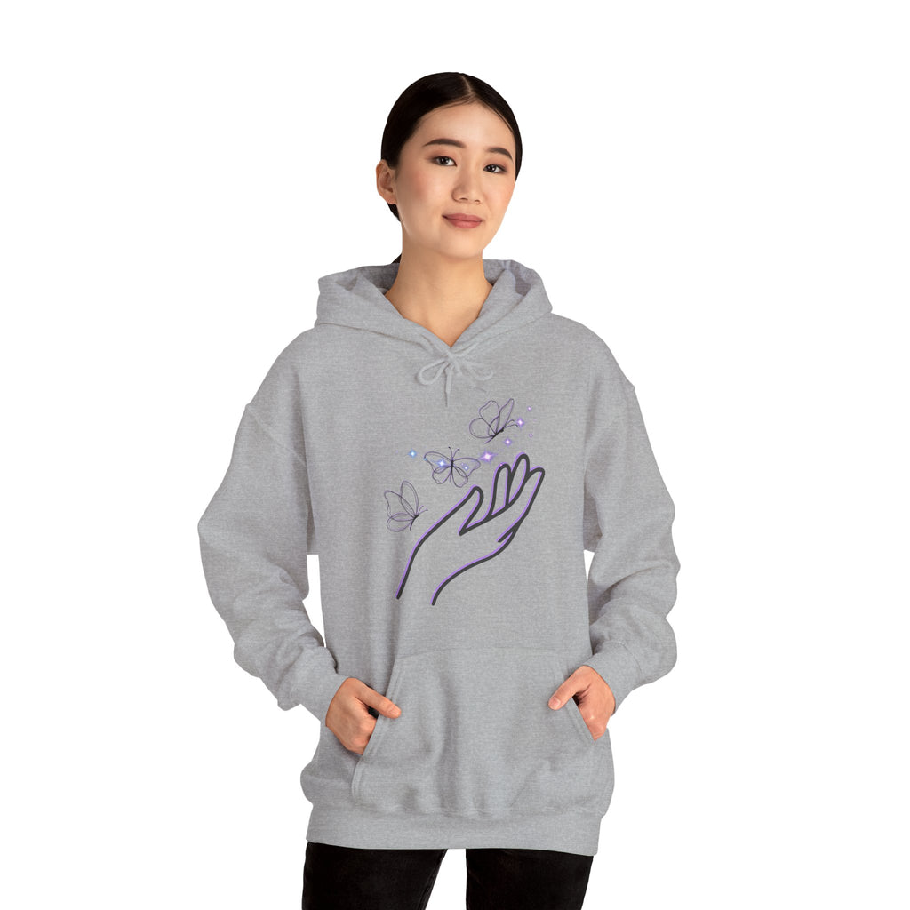 Gray hoodie with a hand and butterfly design on a white background