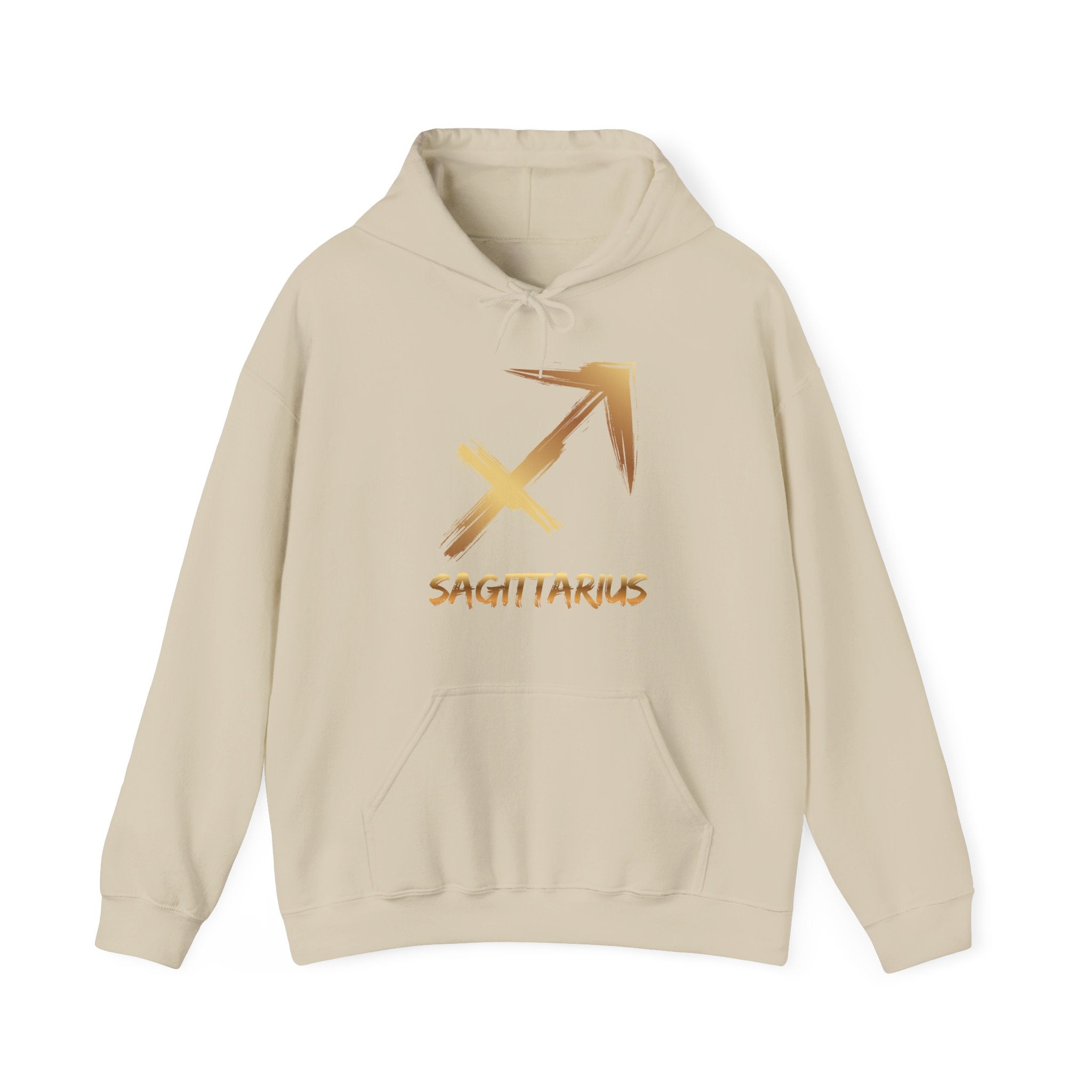 Beige hoodie with gold Sagittarius symbol on a white background